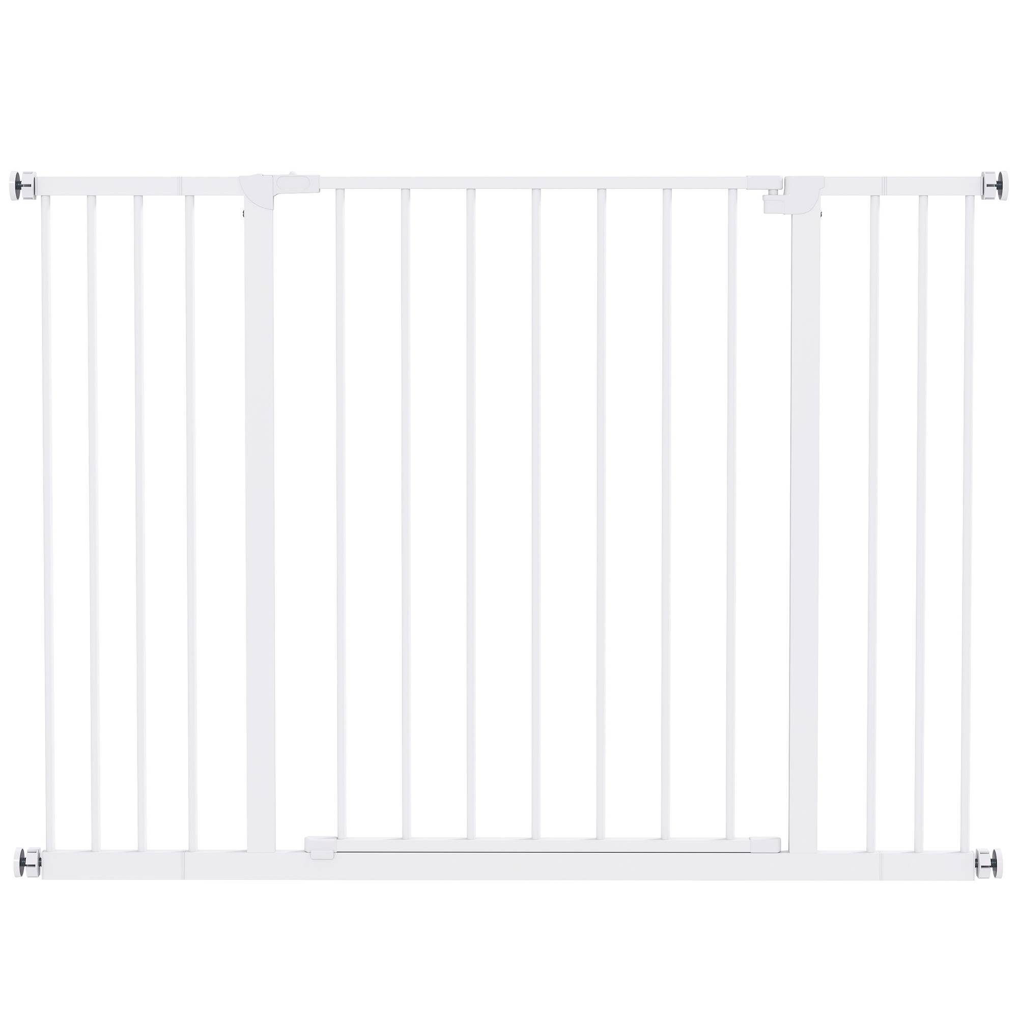 Barrière de porte escalier avec extension 10/15 cm, sans perçage, largeurs 76-82/86-97/101-107 cm, acier blanc