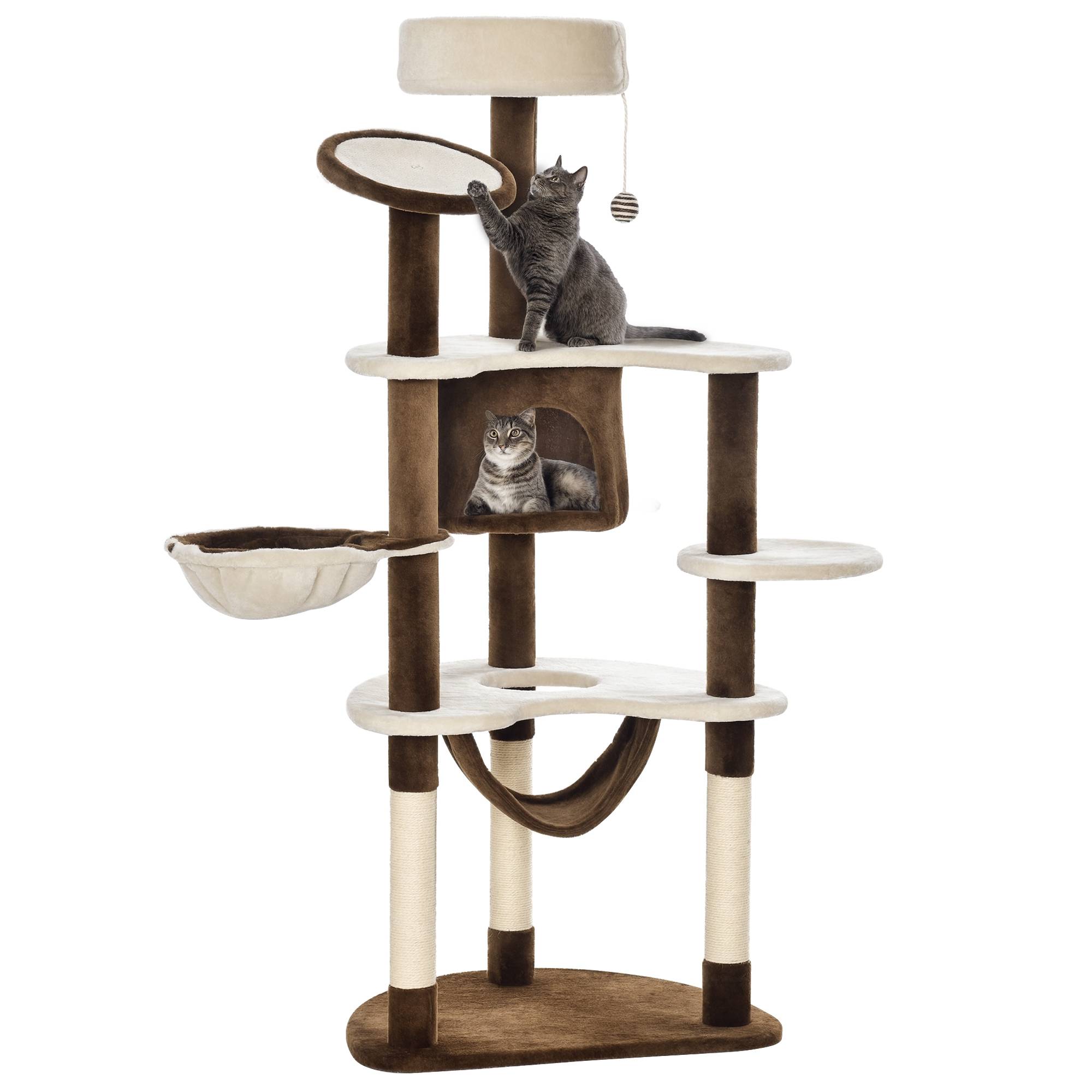 Sans Marque - Arbre à chat XXL avec niche, hamac, peluche, Brun, 65x50x153cm - Image 1