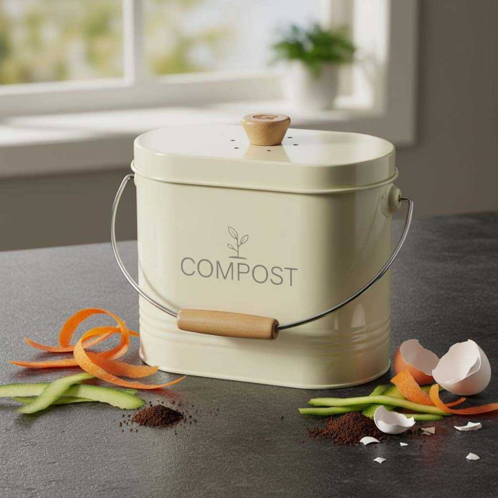Guillouard - Composteur de cuisine ovale en métal avec filtre Crème - 3 litres - Image 2