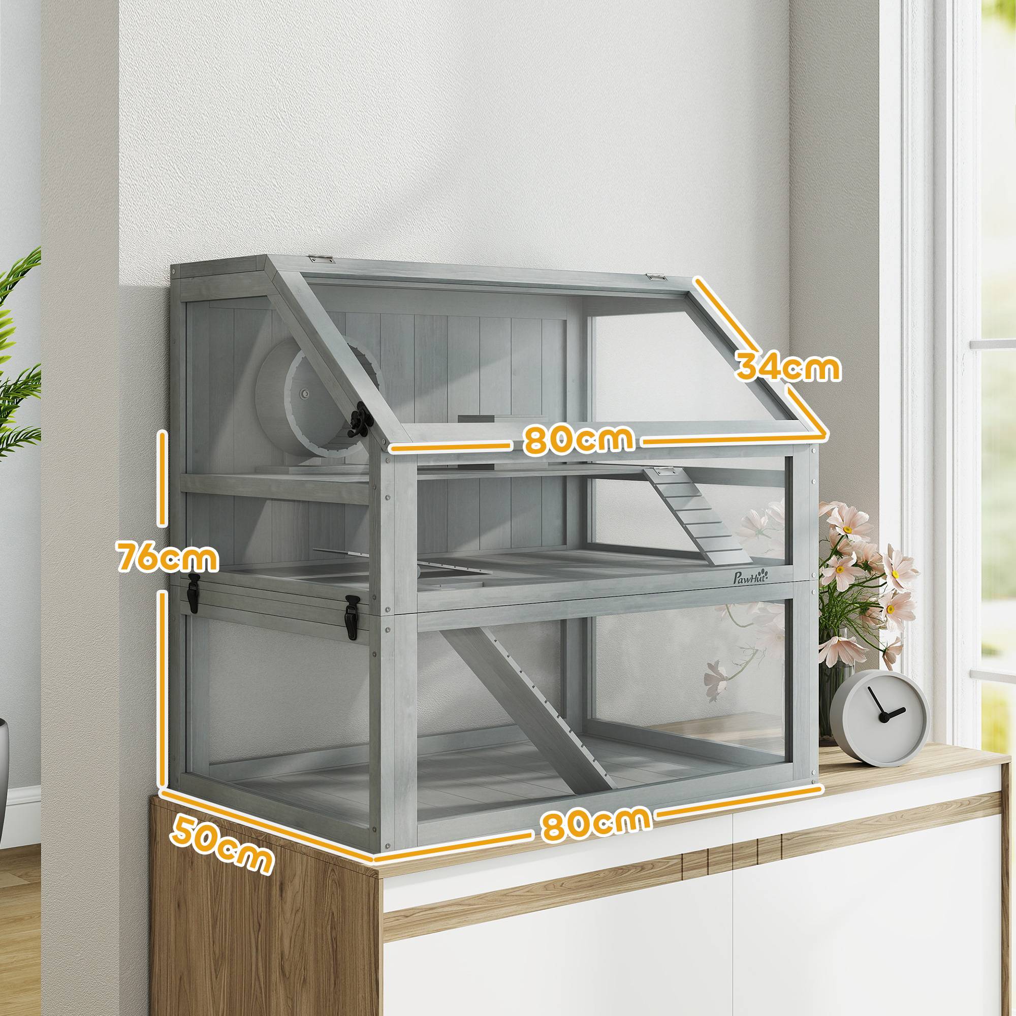Sans Marque - Cage bois hamster 3 niveaux sous-sol profond niveaux amovibles petits animaux 80x50x76 cm gris clair - Image 5