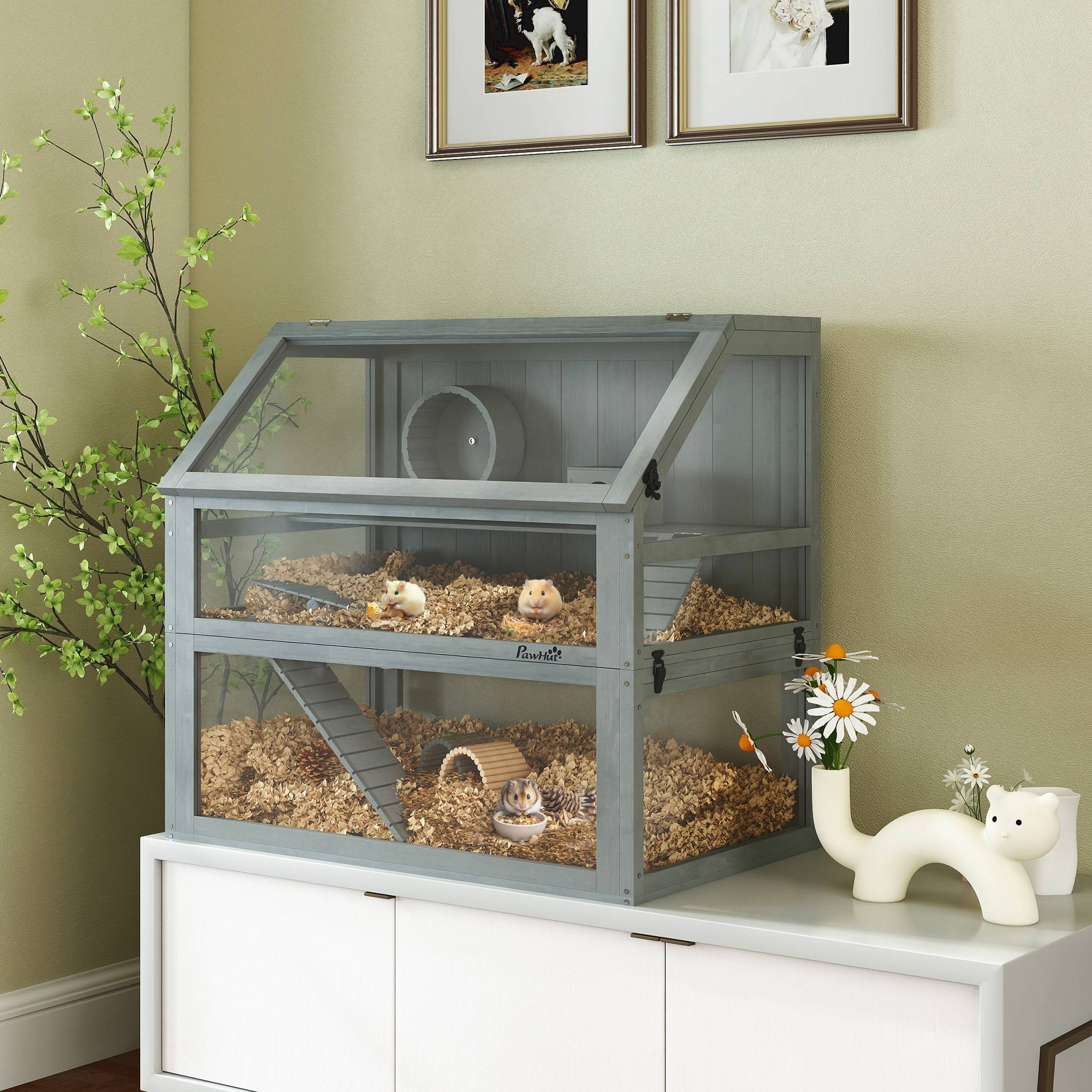 Sans Marque - Cage bois hamster 3 niveaux sous-sol profond niveaux amovibles petits animaux 80x50x76 cm gris clair - Image 3
