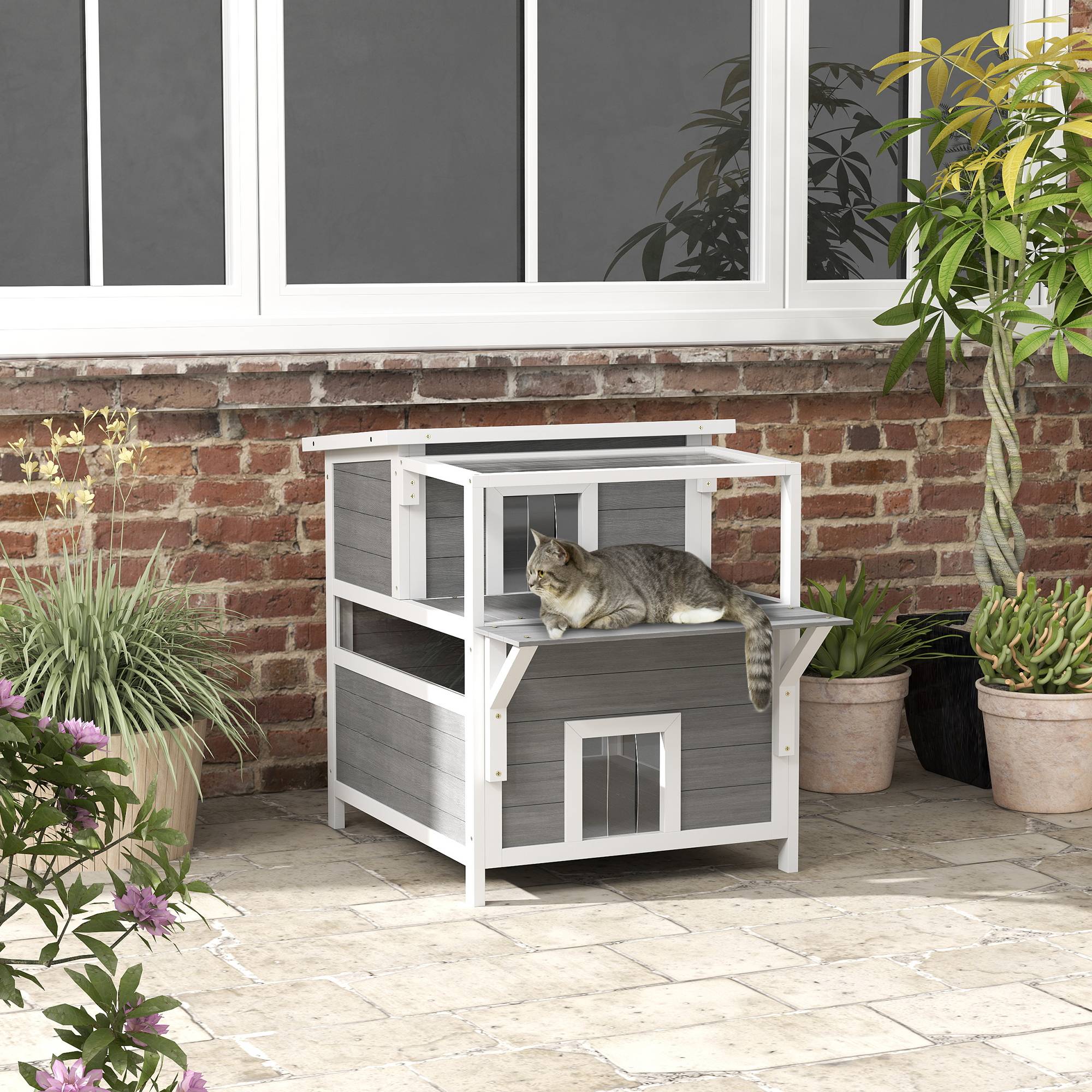 Maison pour chats bois sapin extérieur abri intempéries 64x87x76cm gris clair - ComfortXL Outdoor Living - Image 3