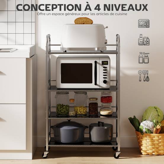 Desserte cuisine, chariot de service à 4 niveaux en acier inoxydable 201 avec poignées, roues, 60 x 35 x 100 cm, argenté - Image 6