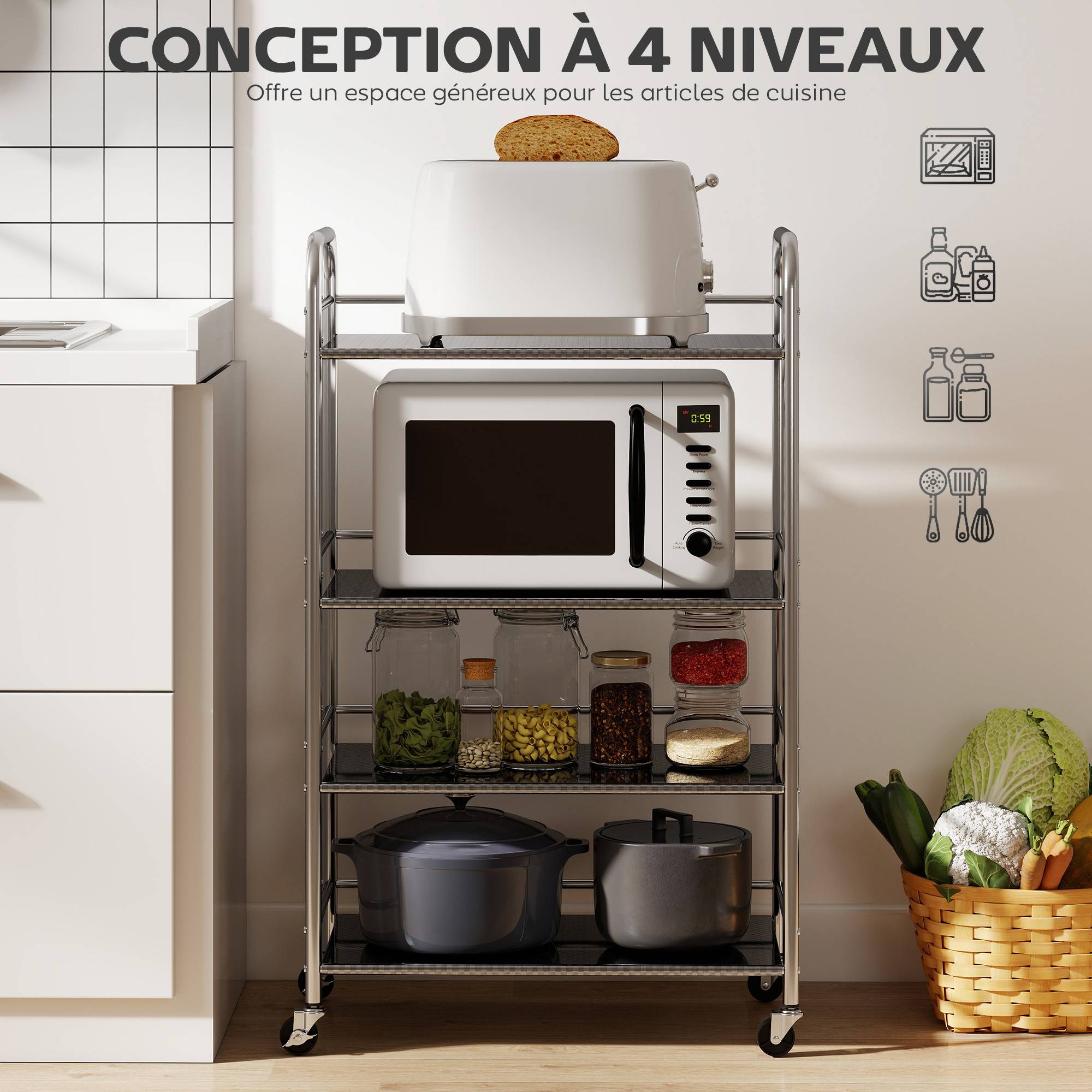 Desserte cuisine, chariot de service à 4 niveaux en acier inoxydable 201 avec poignées, roues, 60 x 35 x 100 cm, argenté - Image 6