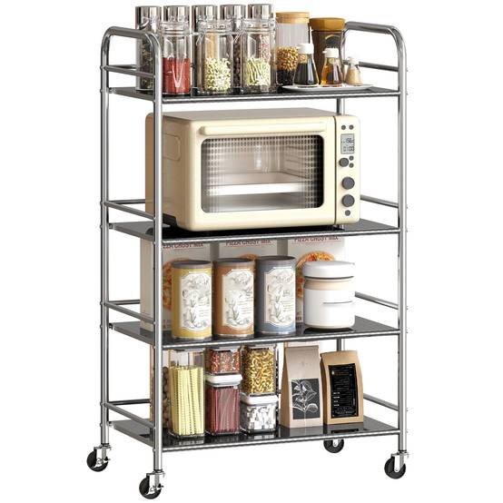 Desserte cuisine, chariot de service à 4 niveaux en acier inoxydable 201 avec poignées, roues, 60 x 35 x 100 cm, argenté - Image 1