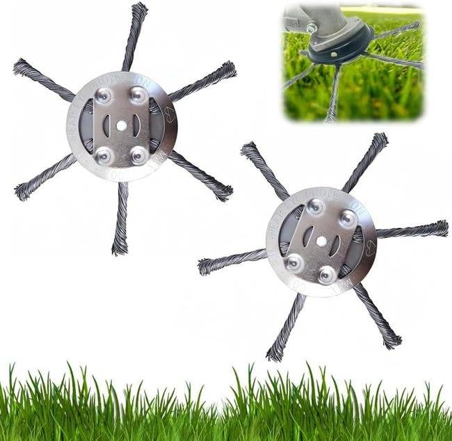 Tête de coupe-fil - Brosse métallique - Pour tondeuses à gazon - 6 lames - Trou intérieur de 5 mm - Lot de 2 - Argent-Lytech
