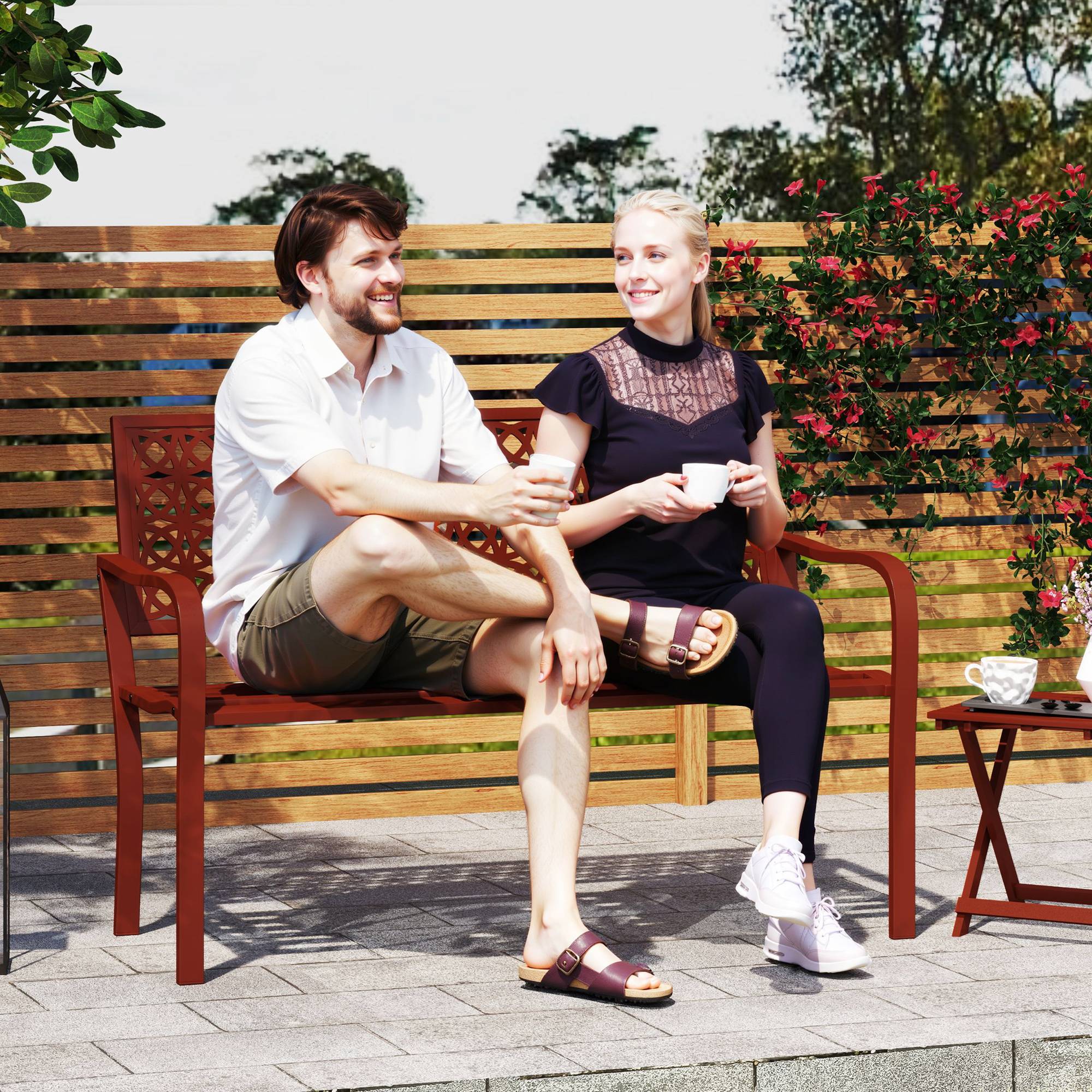 ComfortXL - Banc de jardin 2 places acier rouge 127 x 63 x 85 cm terrasse extérieur dossier décoratif accoudoirs - Image 1