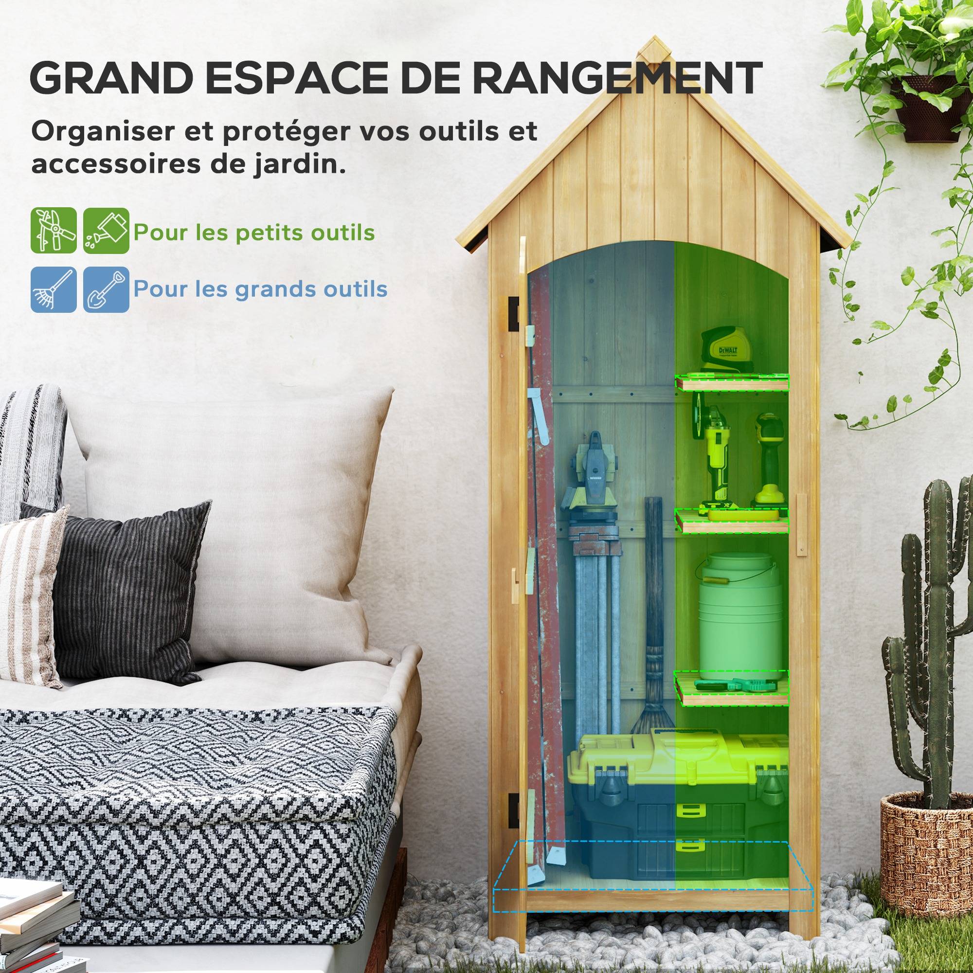 Outsunny - Abri de jardin armoire extérieur en bois 77,5x54,2x179,5cm toit bitumé 3 étagères porte loquet rangement terrasse naturel - Outsunny - Image 6