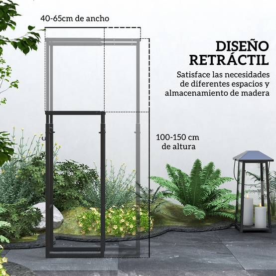 Étagère à bûches extensible avec 4 crochets pour une utilisation intérieure, dimensions : 40-65 x 25 x 100-150 cm, capacité de charge : 100 kg, noire - Image 6