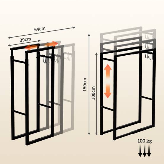 Étagère à bûches extensible avec 4 crochets pour une utilisation intérieure, dimensions : 40-65 x 25 x 100-150 cm, capacité de charge : 100 kg, noire - Image 5