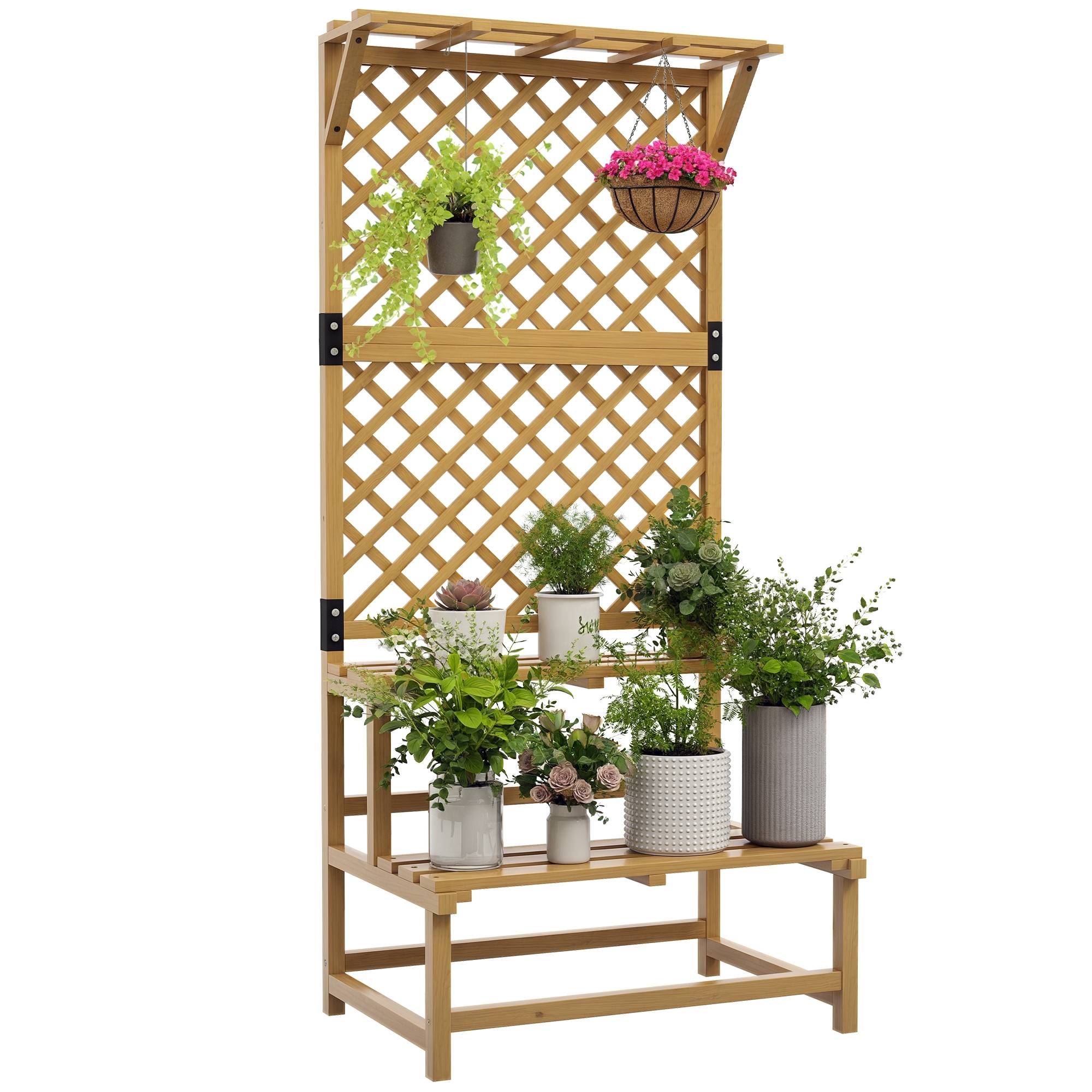 Étagère plantes 2 niveaux bois sapin extérieur avec treillis et toit 75x50x166cm - ComfortXL Outdoor Living - Image 1