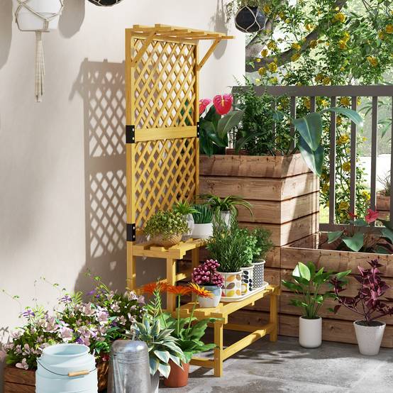 Étagère plantes 2 niveaux bois sapin extérieur avec treillis et toit 75x50x166cm - ComfortXL Outdoor Living - Image 9