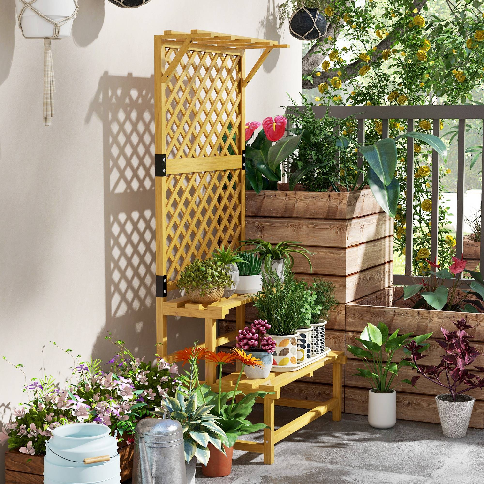 Étagère plantes 2 niveaux bois sapin extérieur avec treillis et toit 75x50x166cm - ComfortXL Outdoor Living - Image 9