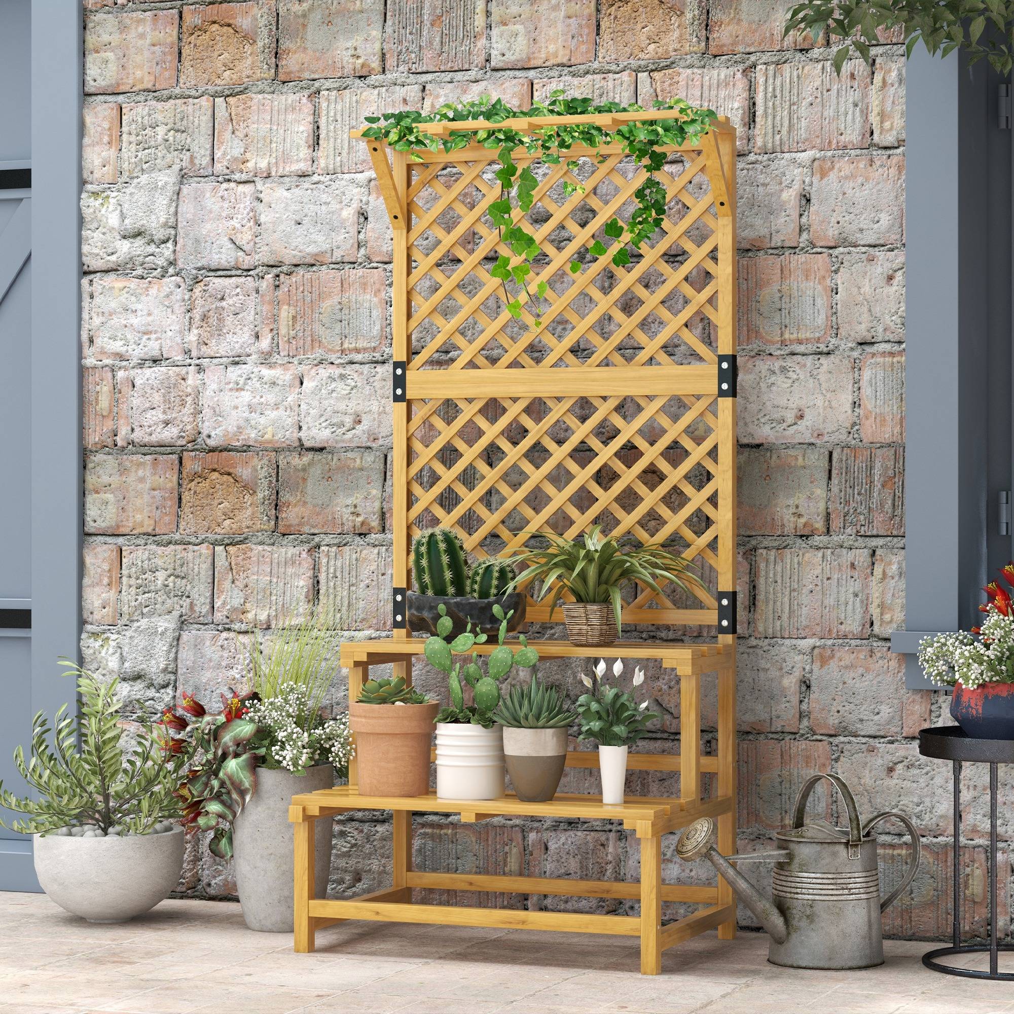 Étagère plantes 2 niveaux bois sapin extérieur avec treillis et toit 75x50x166cm - ComfortXL Outdoor Living - Image 3