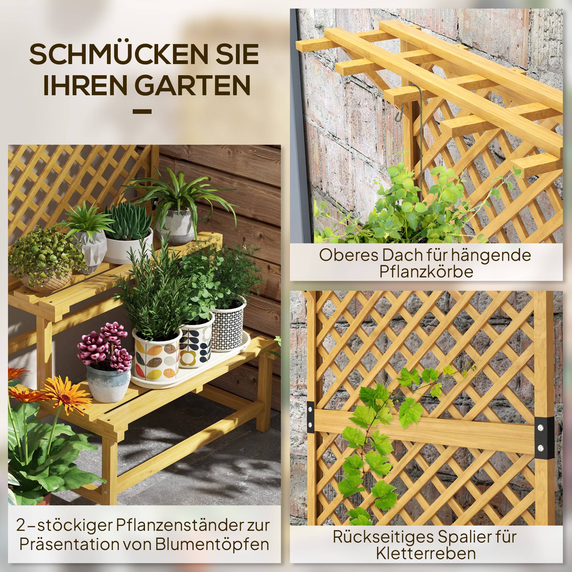 Étagère plantes 2 niveaux bois sapin extérieur avec treillis et toit 75x50x166cm - ComfortXL Outdoor Living - Image 6