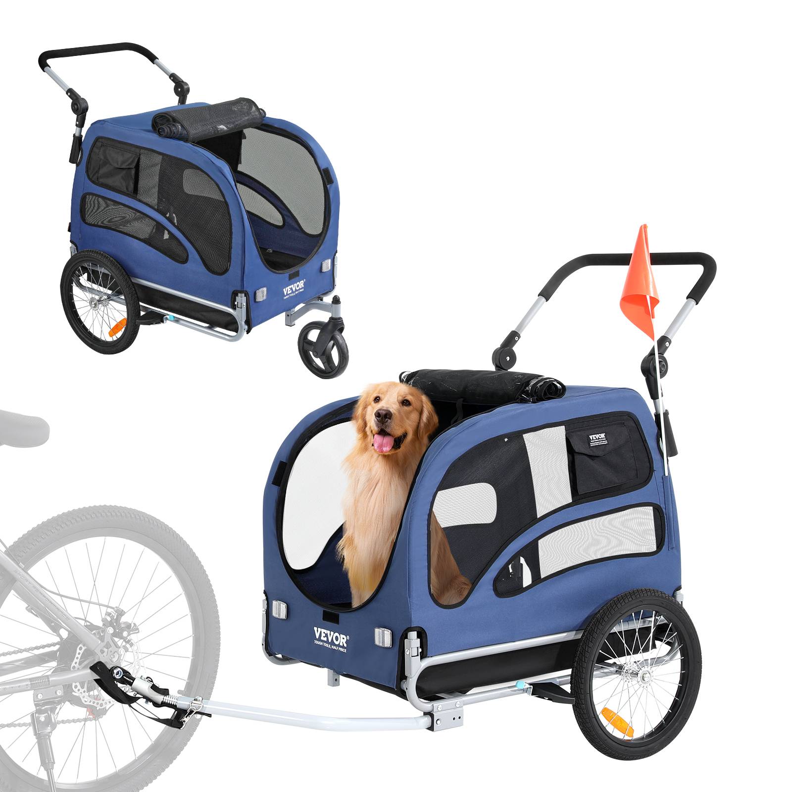 Remorque vélo chien pliable, charge 45 kg. Cadre pliable, roues dégagement rapide. Bleu/noir. - Image 1