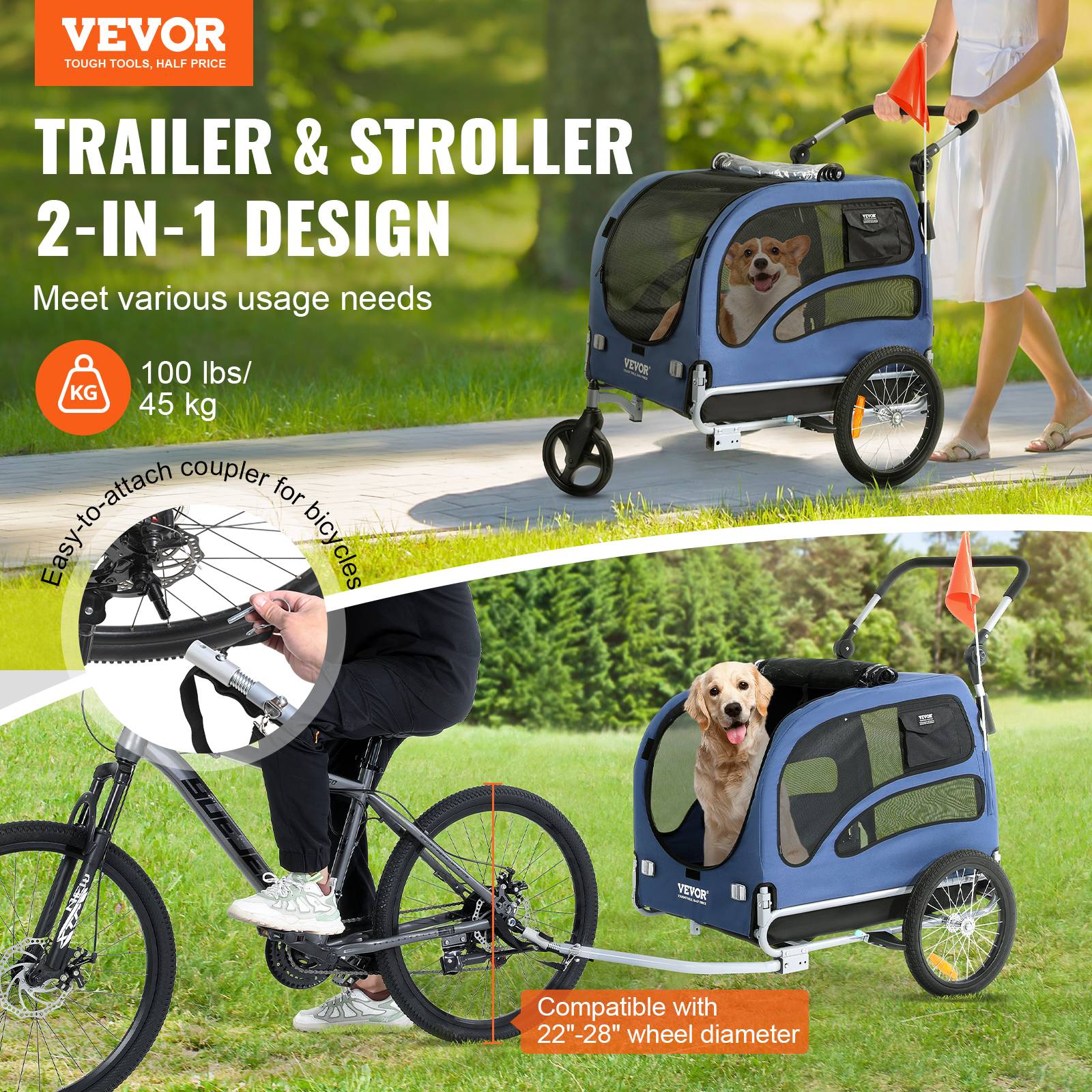 Remorque vélo chien pliable, charge 45 kg. Cadre pliable, roues dégagement rapide. Bleu/noir. - Image 2