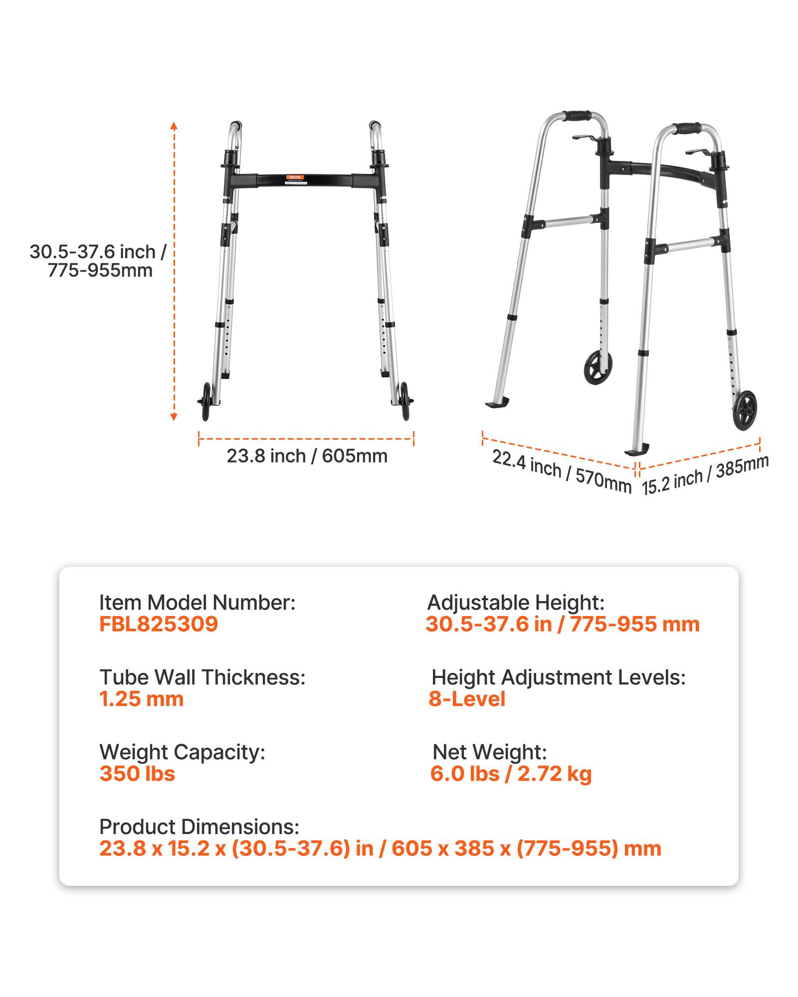 VEVOR Déambulateur Pliable Cadre Marche 2 Roues Alu Hauteur Réglable 8 Niveaux - Image 7