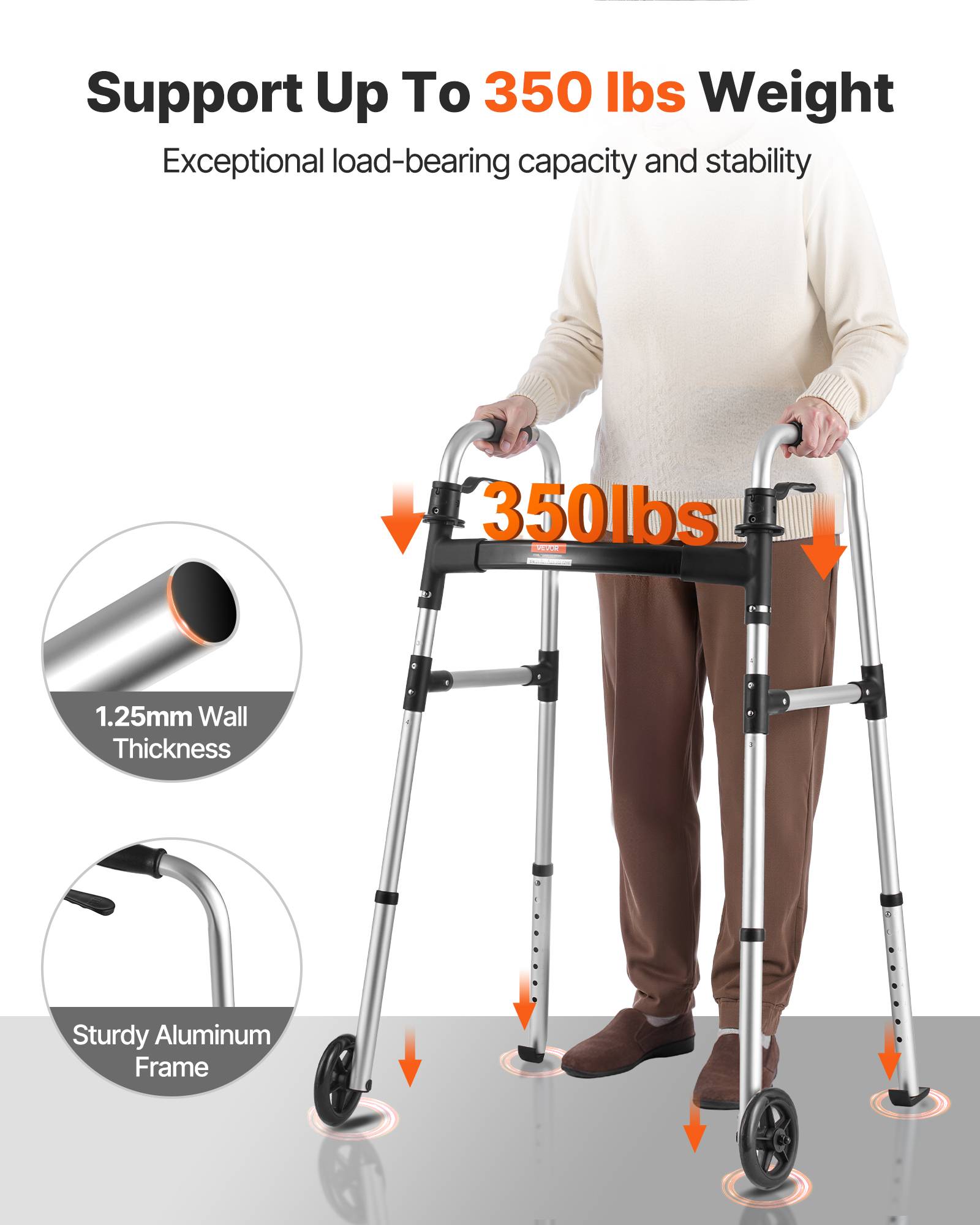 VEVOR Déambulateur Pliable Cadre Marche 2 Roues Alu Hauteur Réglable 8 Niveaux - Image 3
