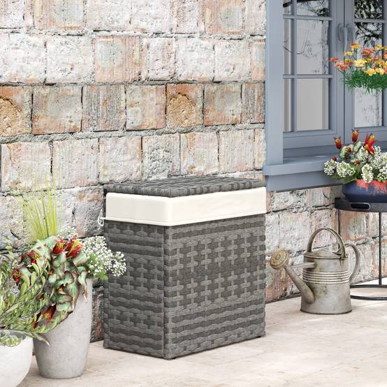 Panier rangement jardin maison rotin avec tissu intérieur, 57x34x62cm, gris - Image 4