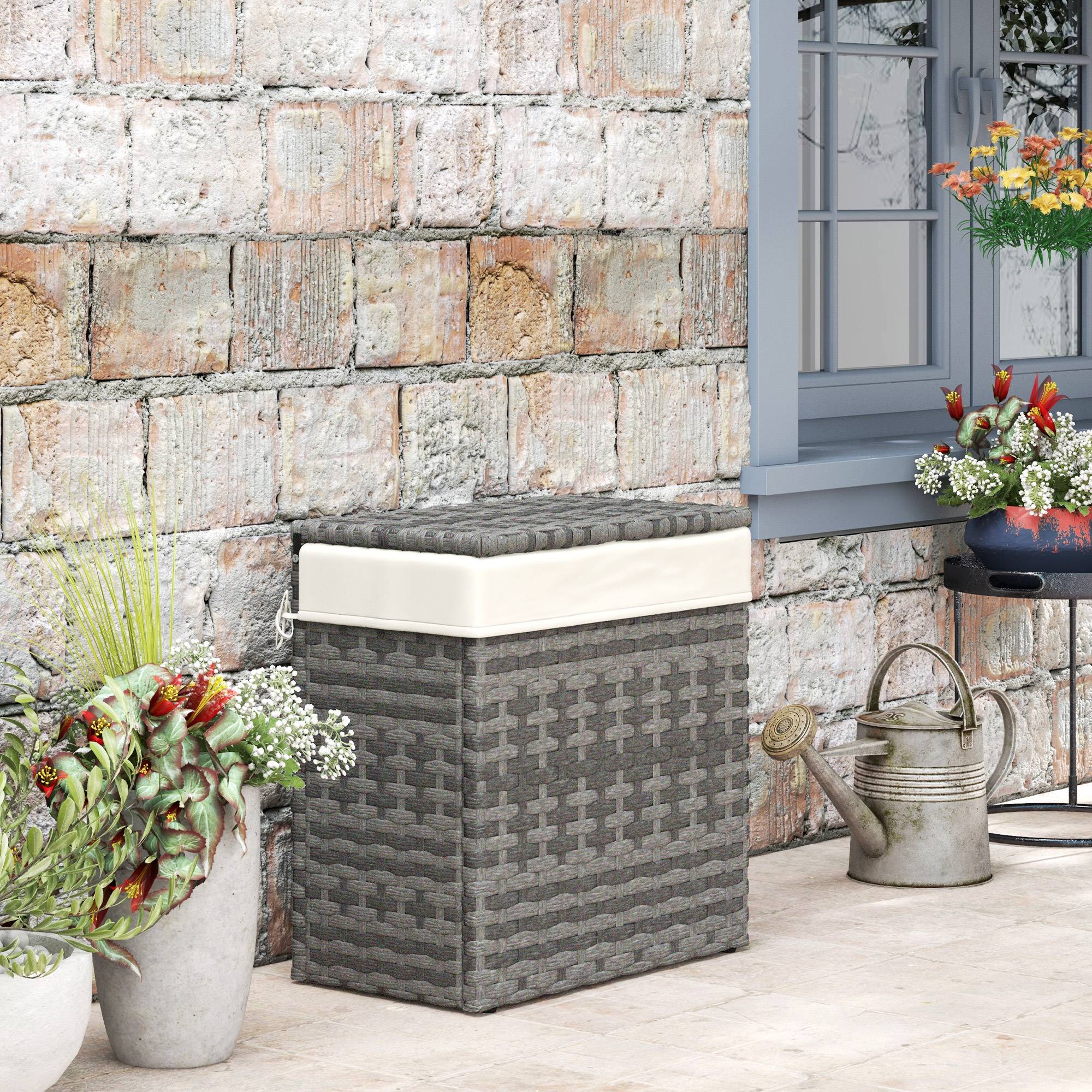 Panier rangement jardin maison rotin avec tissu intérieur, 57x34x62cm, gris - Image 4