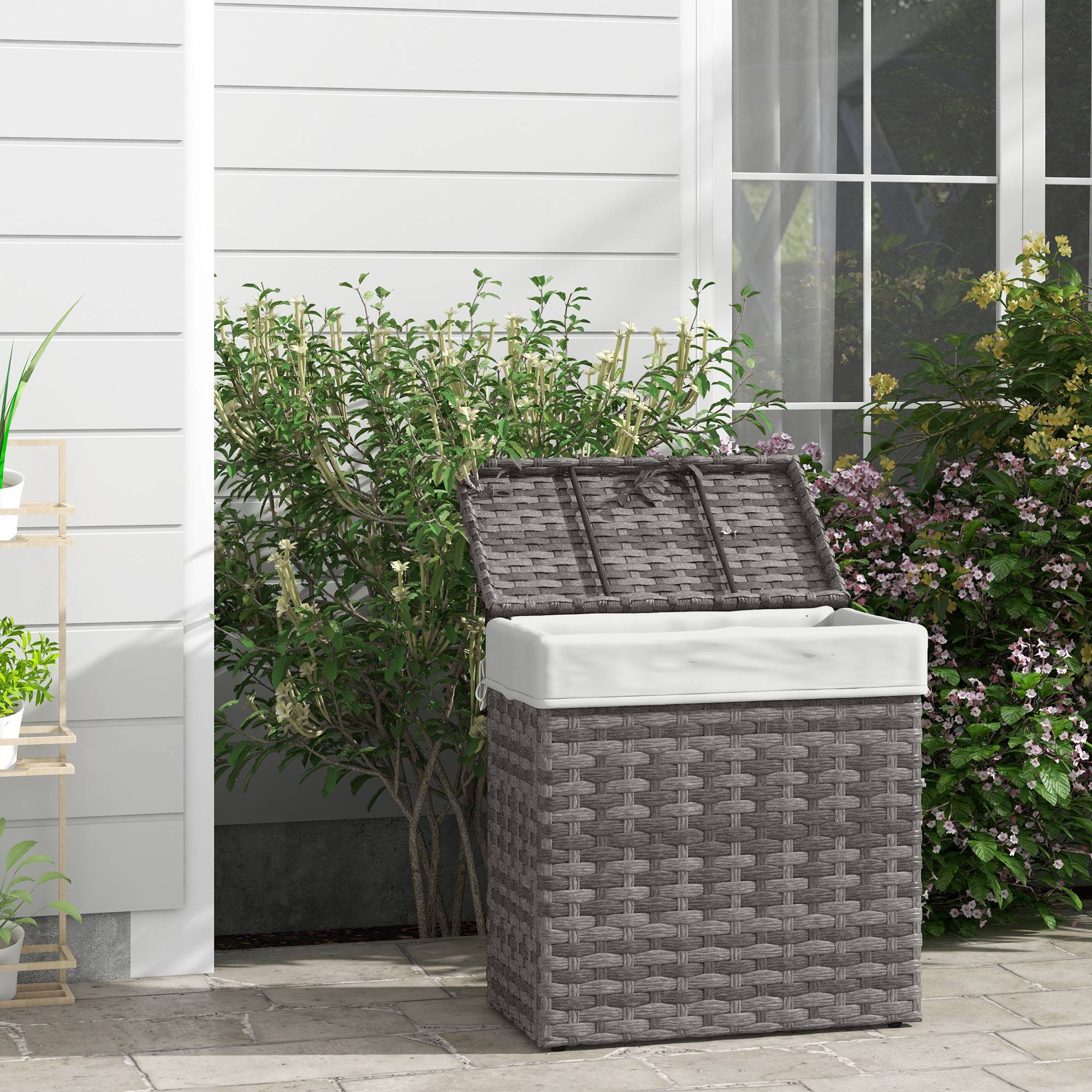 Panier rangement jardin maison rotin avec tissu intérieur, 57x34x62cm, gris - Image 3