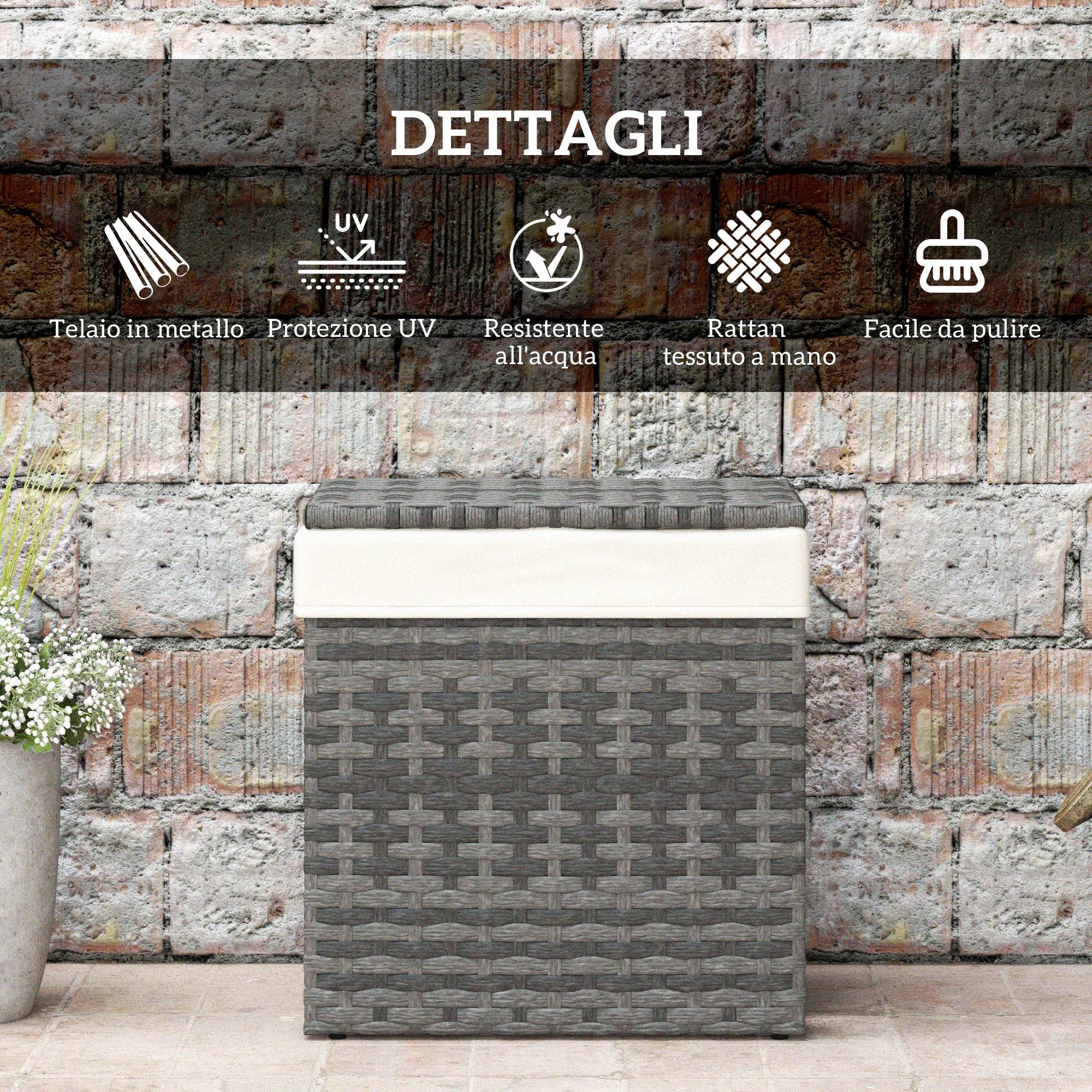 Panier rangement jardin maison rotin avec tissu intérieur, 57x34x62cm, gris - Image 6