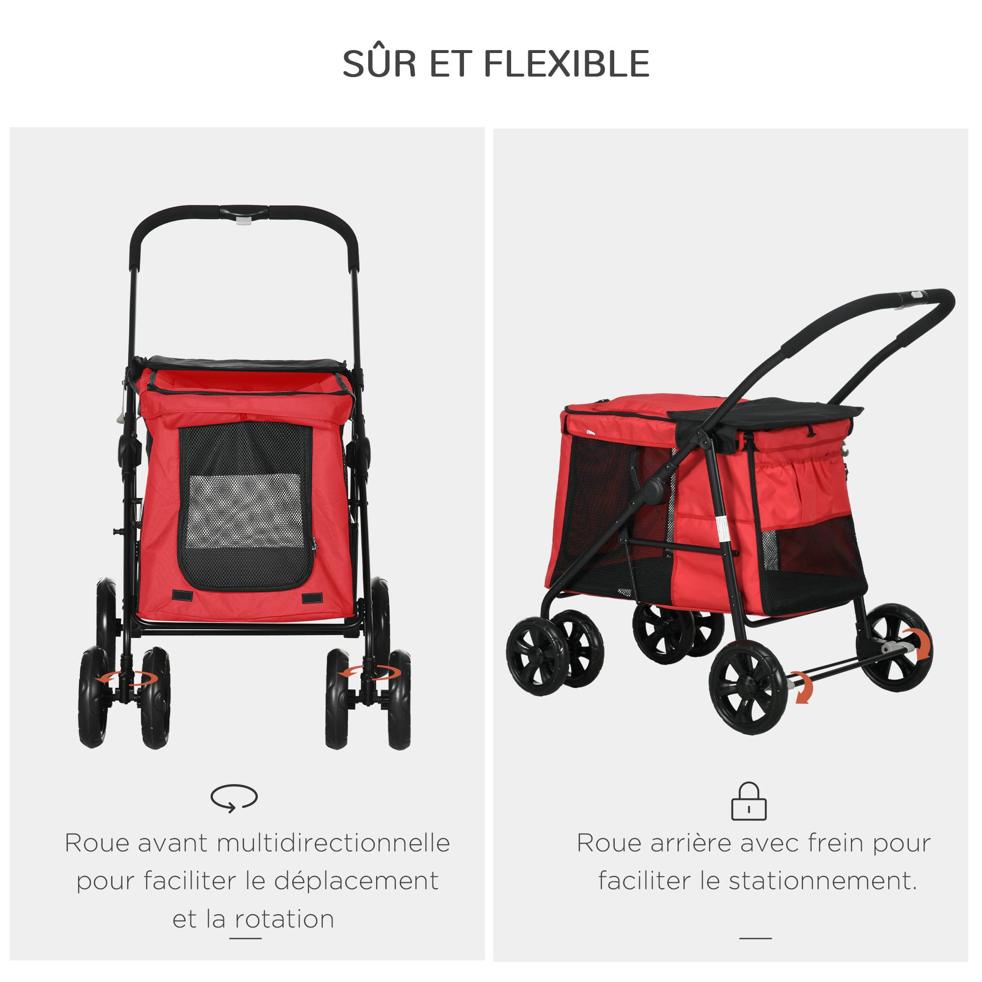 Poussette pliable animaux chien chat coussin inclus roues avec frein tissu 600D Oxford 102 x 62 x 105 cm rouge - Image 7