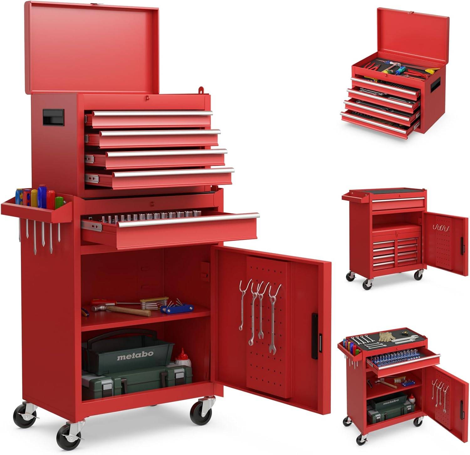 Costway - Servante d’Atelier à Outils 4 Tiroirs Compartiment Amovible Etagère Rouge - Image 1