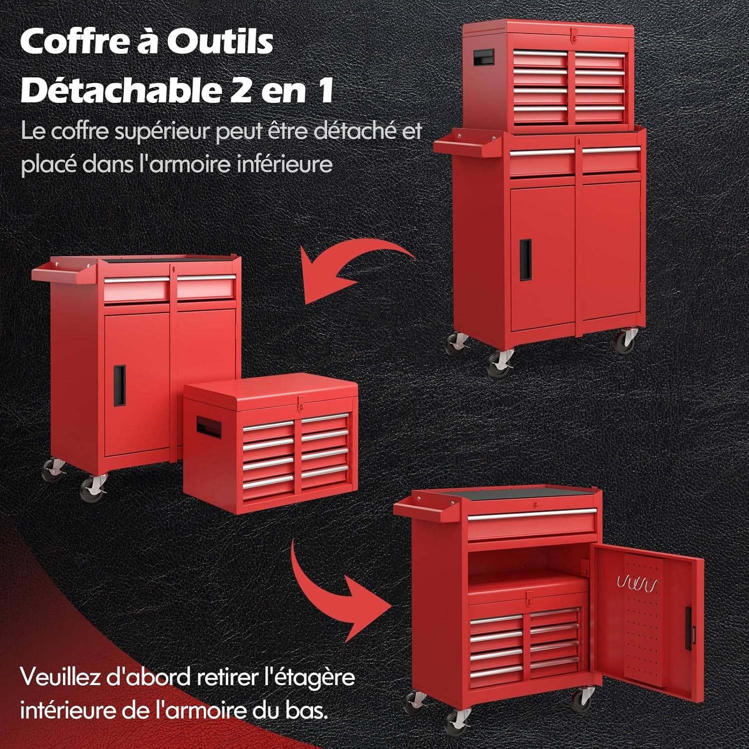 Costway - Servante d’Atelier à Outils 4 Tiroirs Compartiment Amovible Etagère Rouge - Image 5