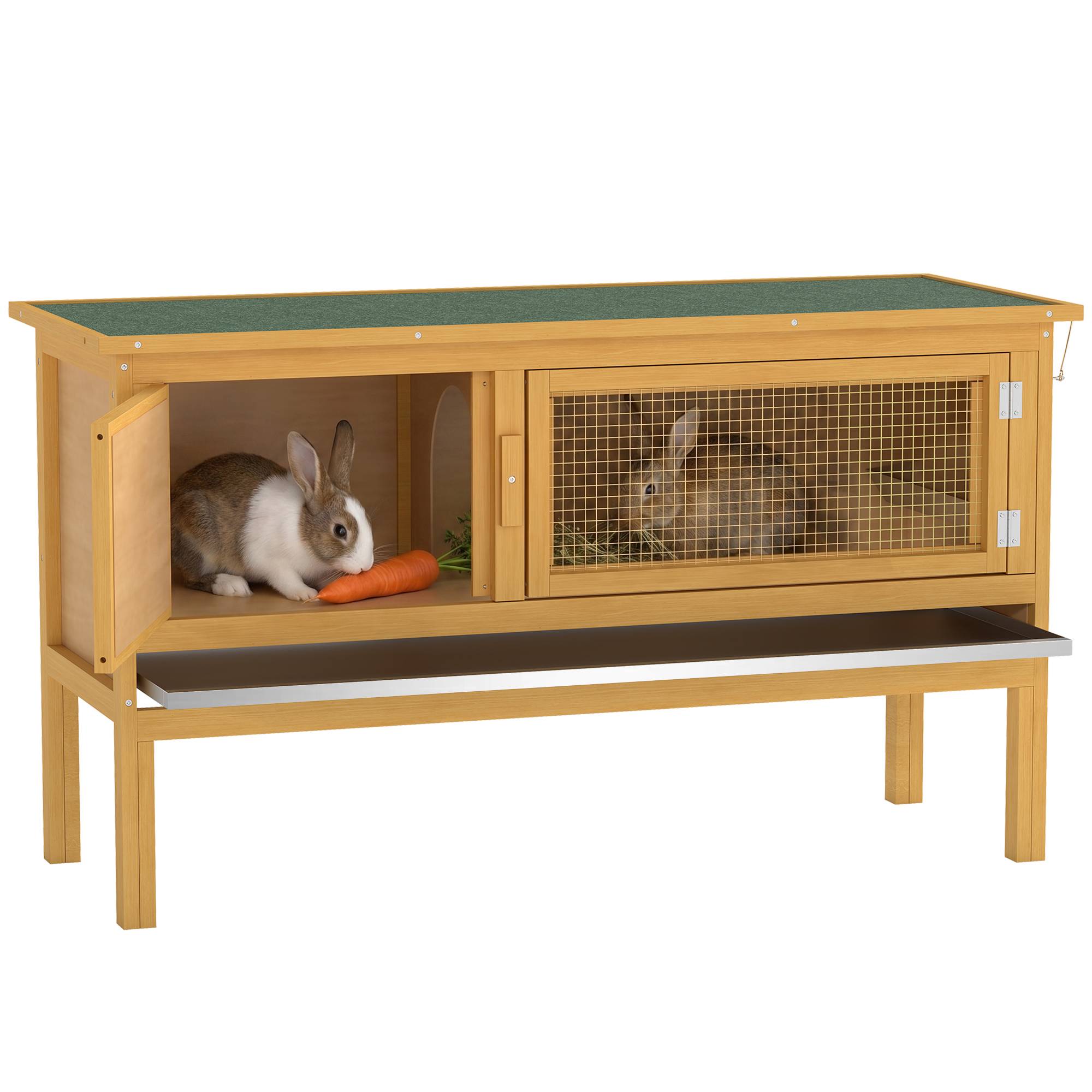 Clapier lapin en bois, toit rabattable, 2 portes, bac anti-fuite, 115x44,3x65cm, jaune clair - Image 1