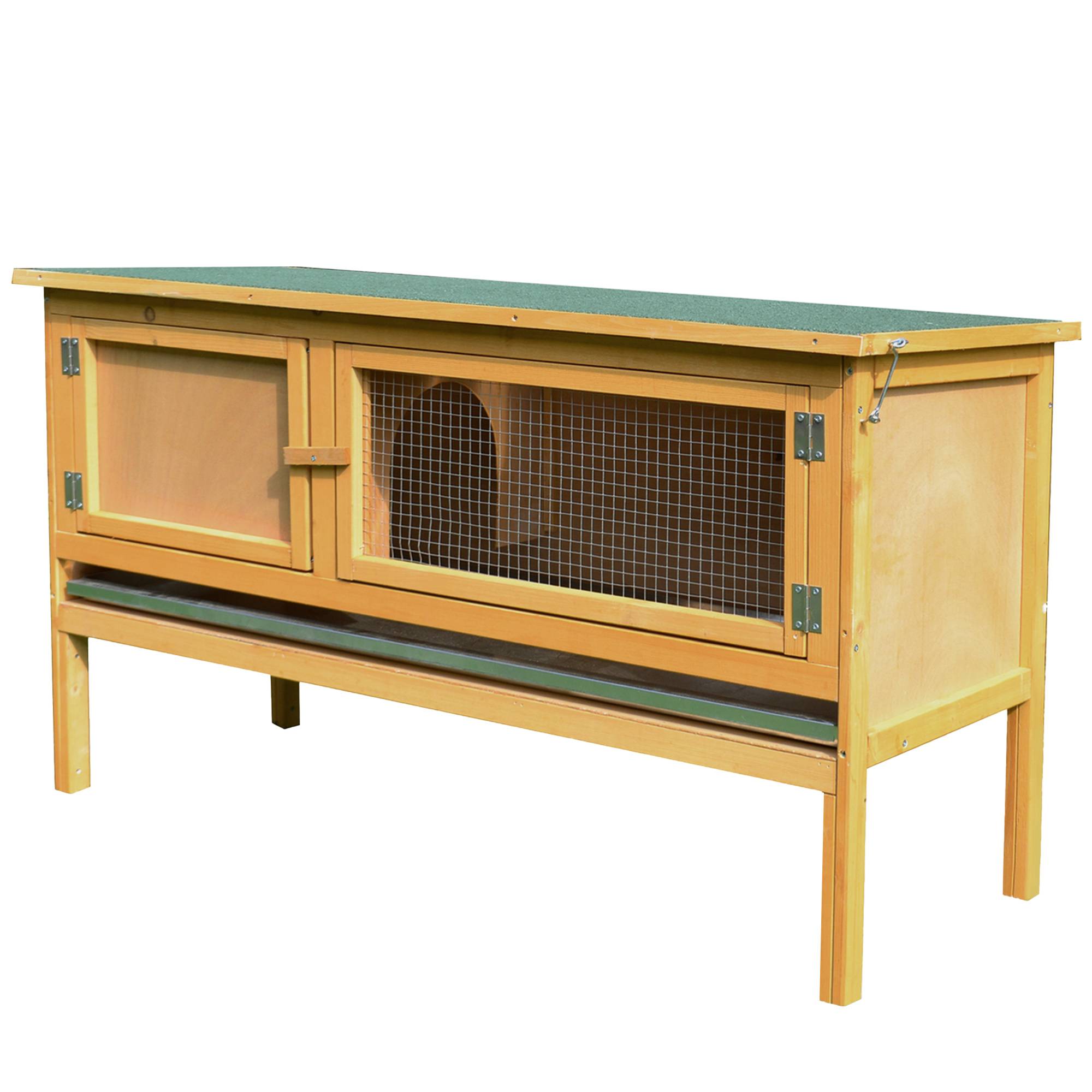 Clapier lapin en bois, toit rabattable, 2 portes, bac anti-fuite, 115x44,3x65cm, jaune clair - Image 2