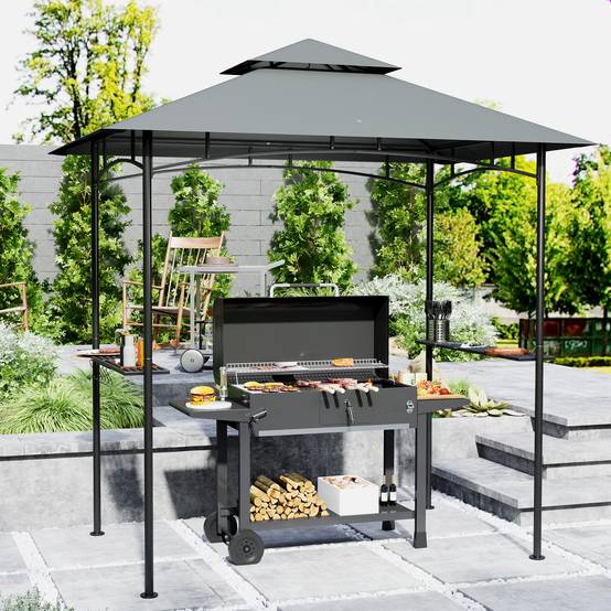 Gazebo BBQ 240x150x258 cm gris foncé ignifuge double toit étagères latérales anti-UV pour barbecue - Image 2
