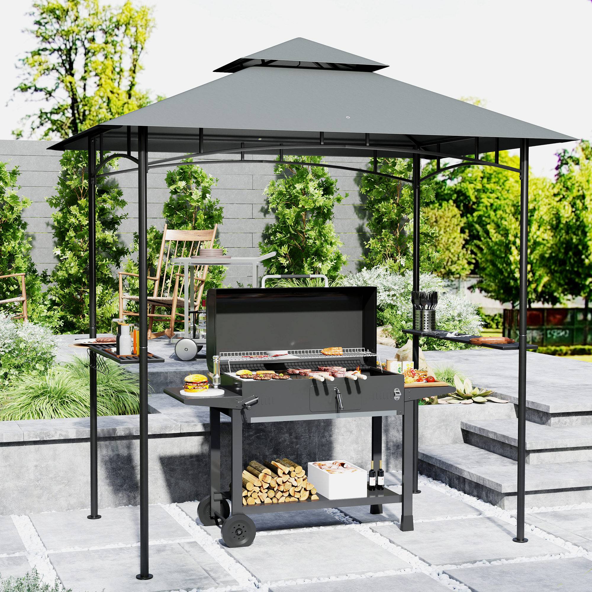 Gazebo BBQ 240x150x258 cm gris foncé ignifuge double toit étagères latérales anti-UV pour barbecue - Image 2