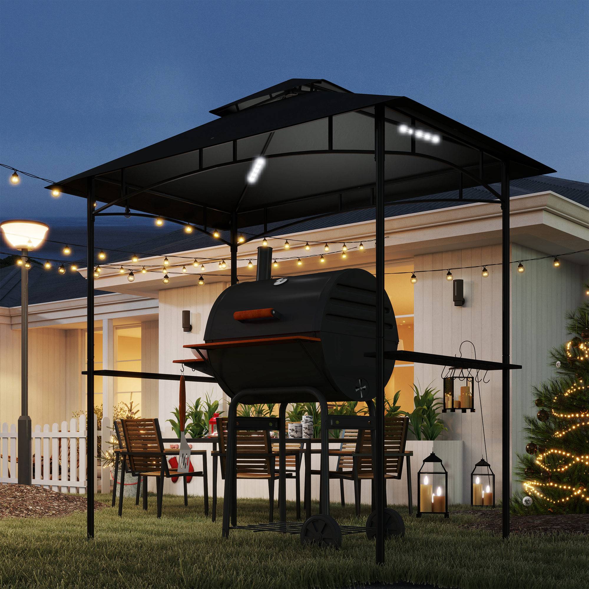 Gazebo BBQ 240x150x258 cm gris foncé ignifuge double toit étagères latérales anti-UV pour barbecue - Image 7