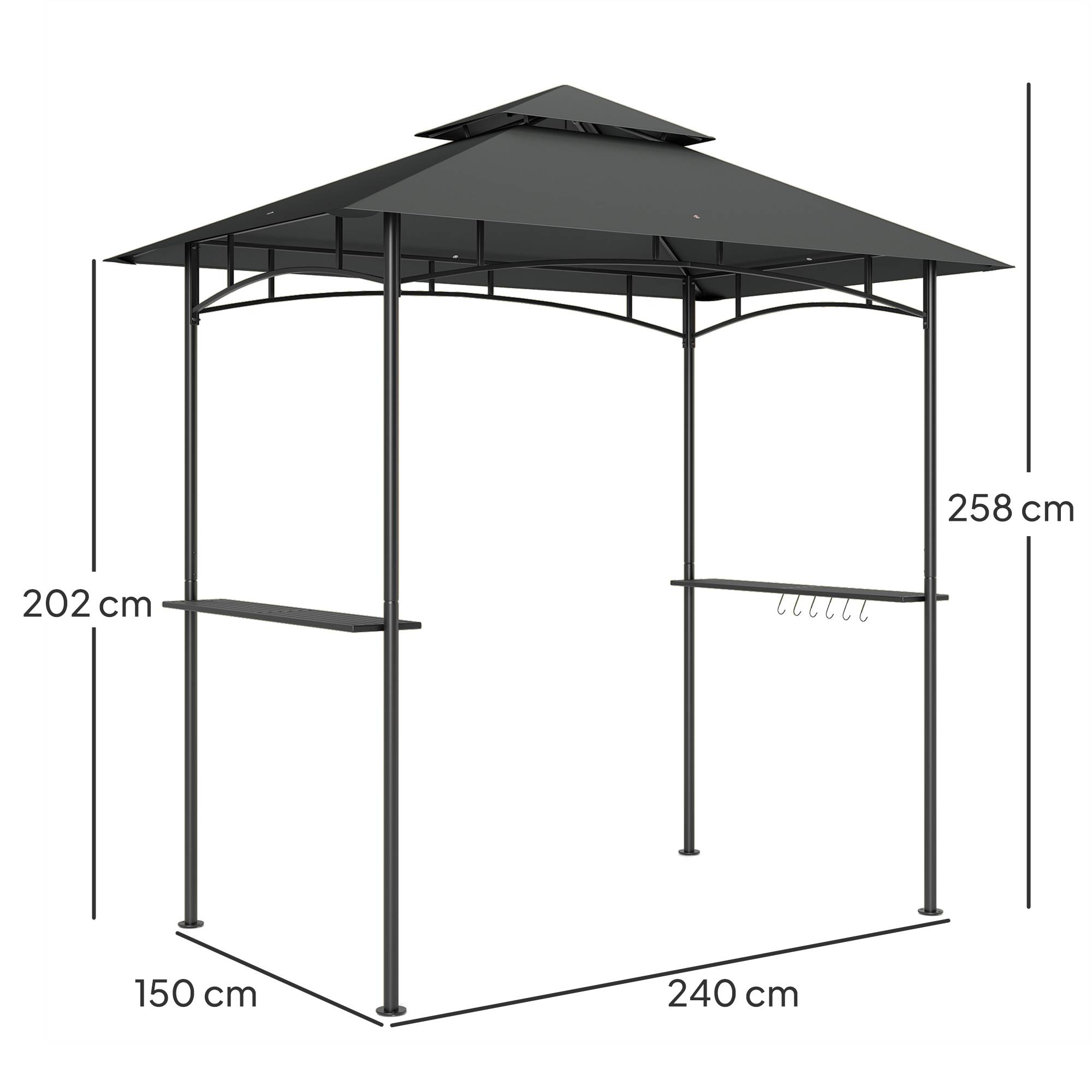 Gazebo BBQ 240x150x258 cm gris foncé ignifuge double toit étagères latérales anti-UV pour barbecue - Image 3