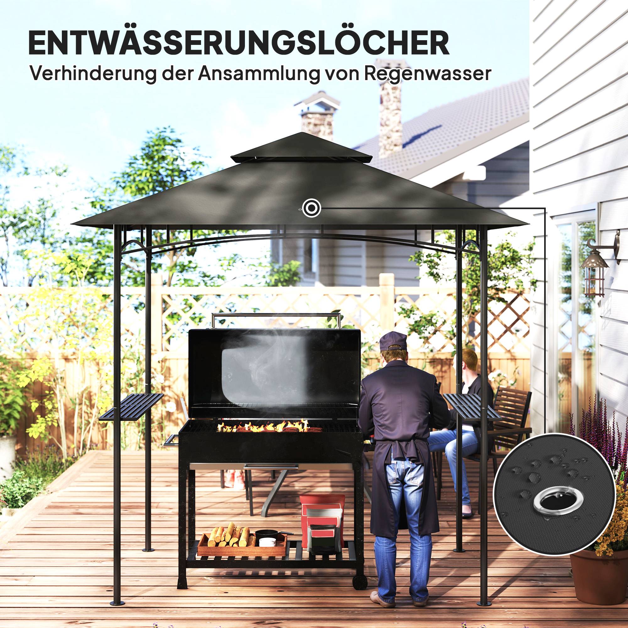 Gazebo BBQ 240x150x258 cm gris foncé ignifuge double toit étagères latérales anti-UV pour barbecue - Image 5
