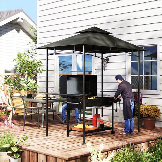 Gazebo BBQ 240x150x258 cm gris foncé ignifuge double toit étagères latérales anti-UV pour barbecue - Image 8