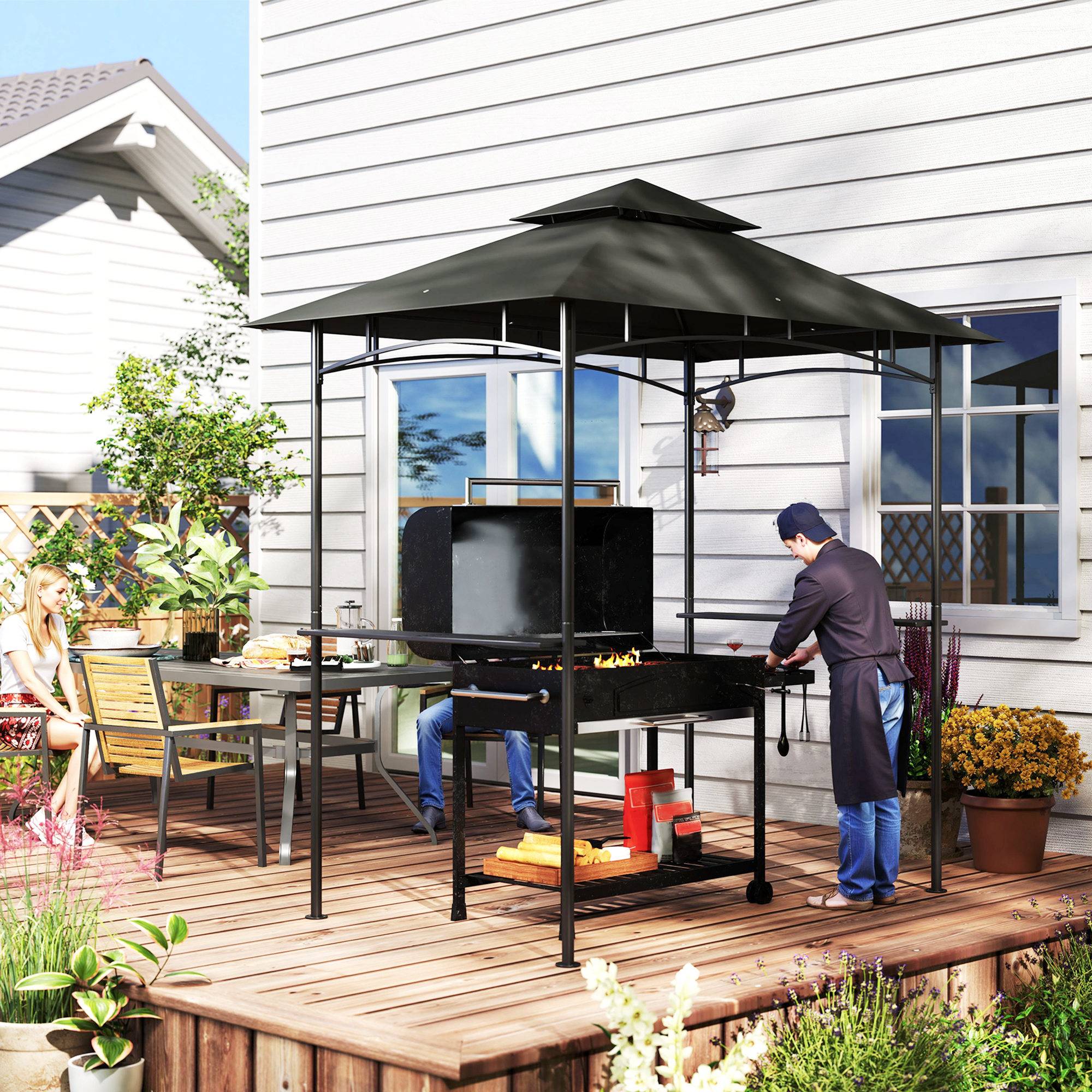 Gazebo BBQ 240x150x258 cm gris foncé ignifuge double toit étagères latérales anti-UV pour barbecue - Image 8