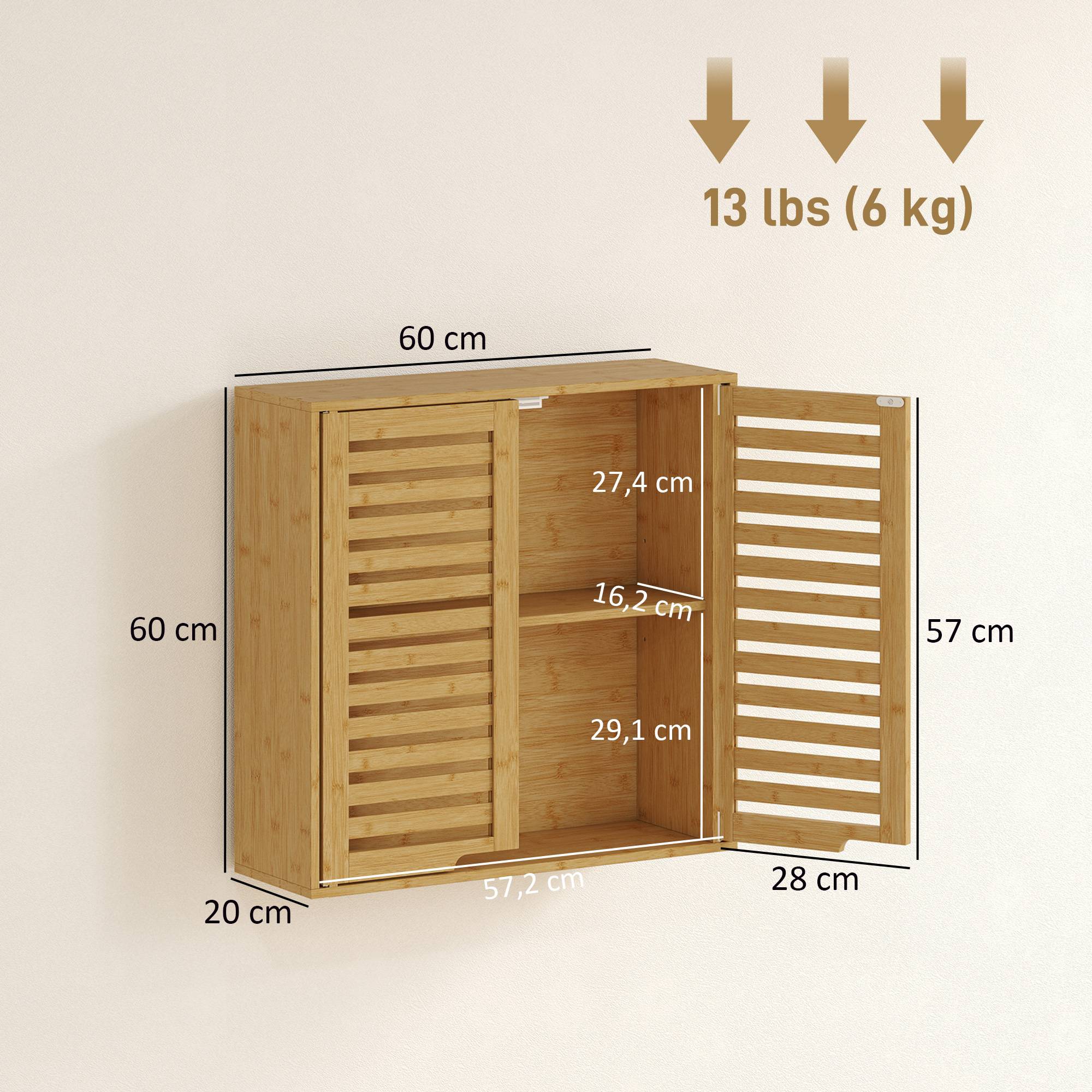 Sans Marque - Armoire salle bain murale bambou portes lattes respirantes étagère réglable 60x20x60 cm bois naturel - Image 5