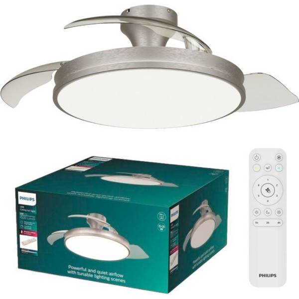 Philips - Ventilateur de Plafond - Plafonnier  - Philips - Atlas - Pales rétractables - Diametre 106 cm - Nickel - LED intégrée + télécommande - Image 1