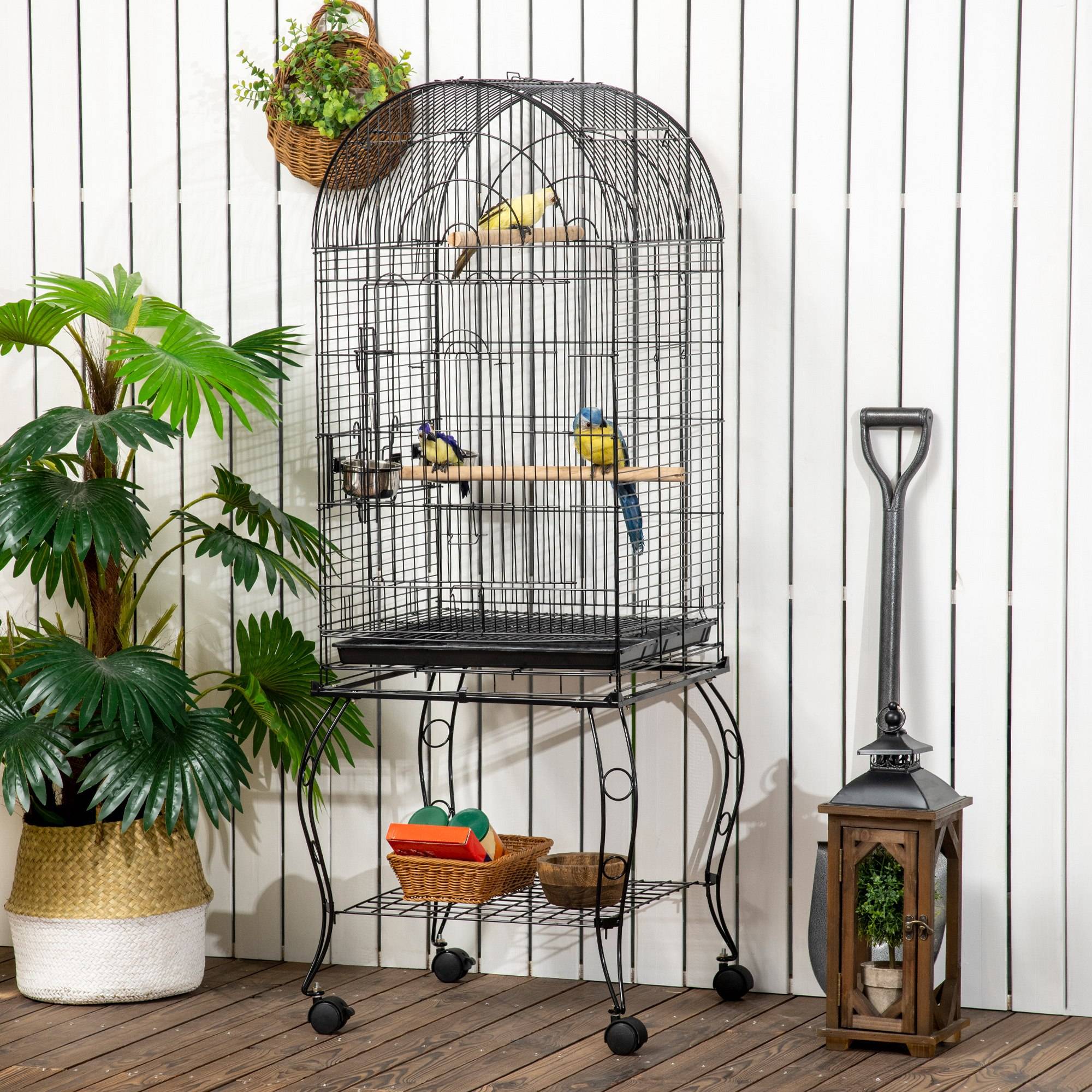 Cage à oiseaux et canaris, volière à roulettes en métal noir 51x51x153 cm - Image 4