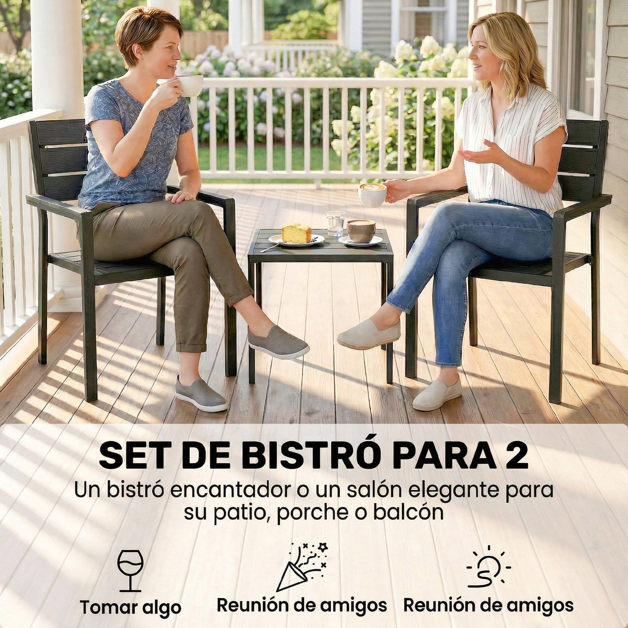 Ensemble de jardin 3 pièces avec 2 chaises et table HDPE design lattes effet bois, patio balcon noir - Image 6