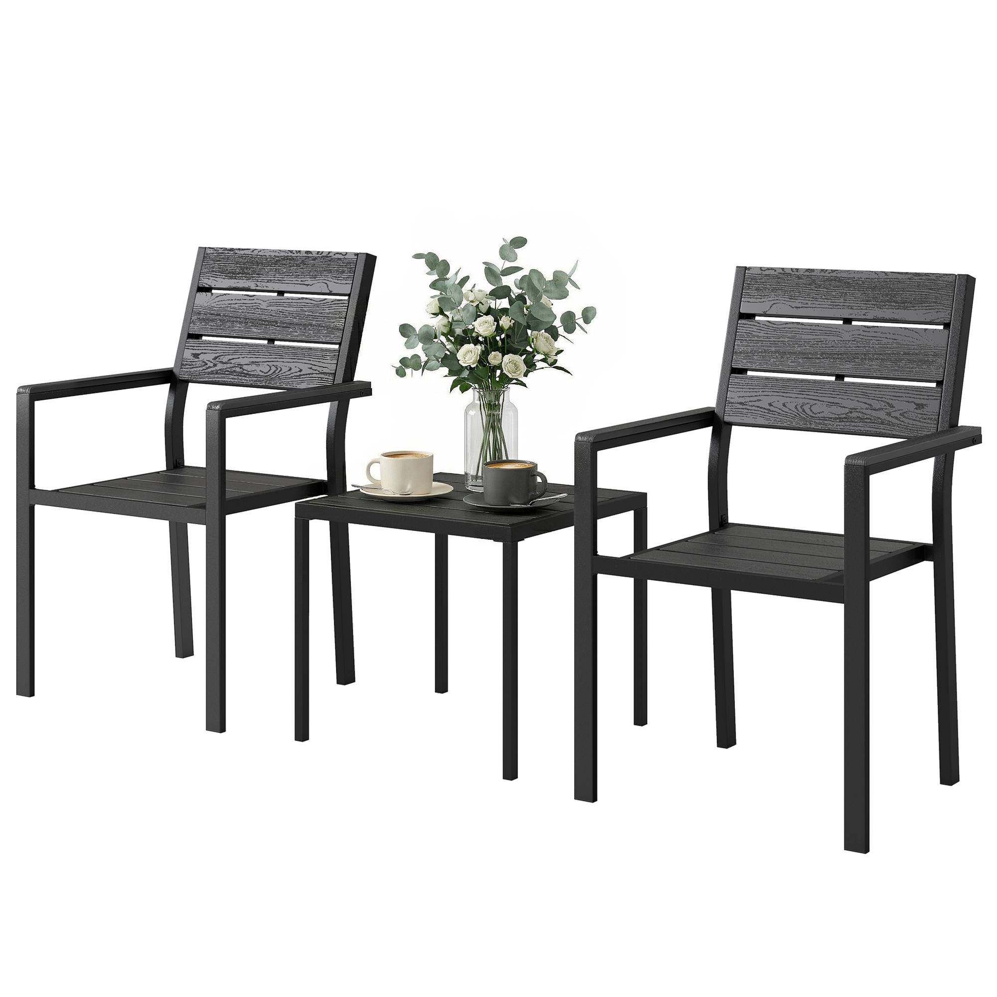 Ensemble de jardin 3 pièces avec 2 chaises et table HDPE design lattes effet bois, patio balcon noir - Image 2