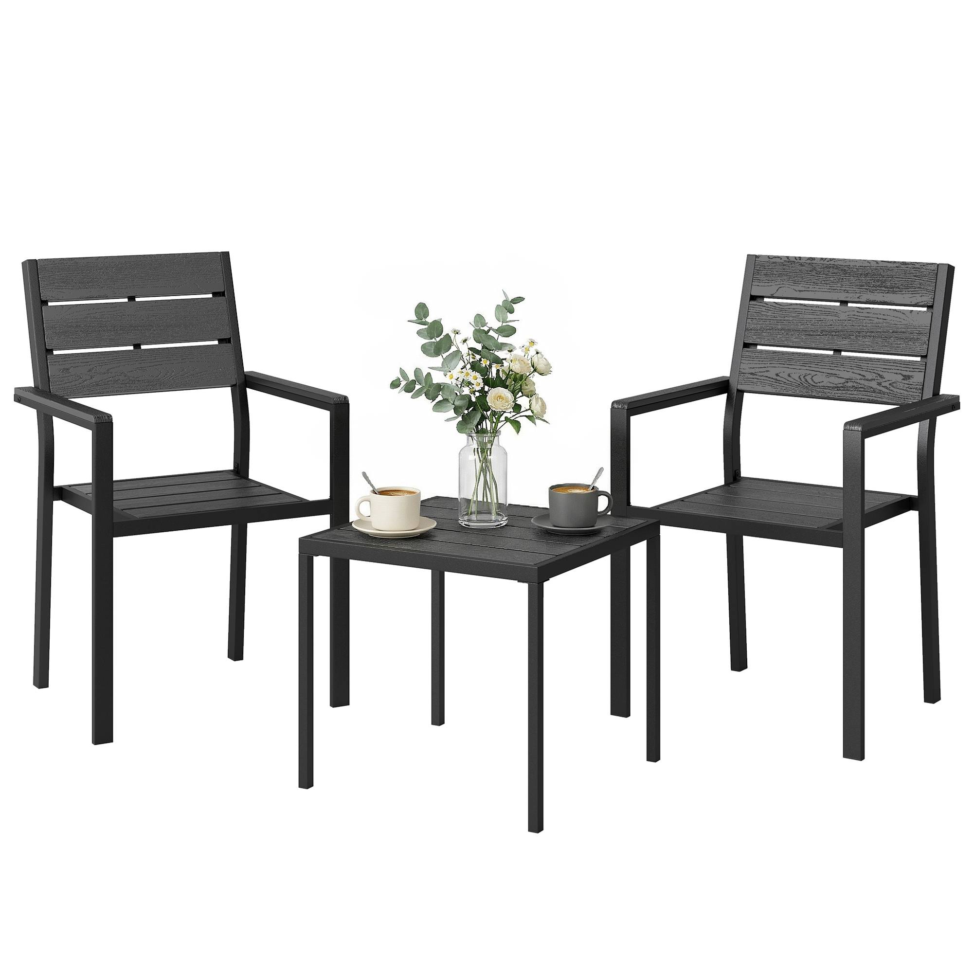 Ensemble de jardin 3 pièces avec 2 chaises et table HDPE design lattes effet bois, patio balcon noir - Image 1