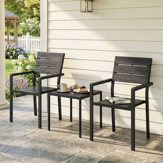 Ensemble de jardin 3 pièces avec 2 chaises et table HDPE design lattes effet bois, patio balcon noir - Image 4