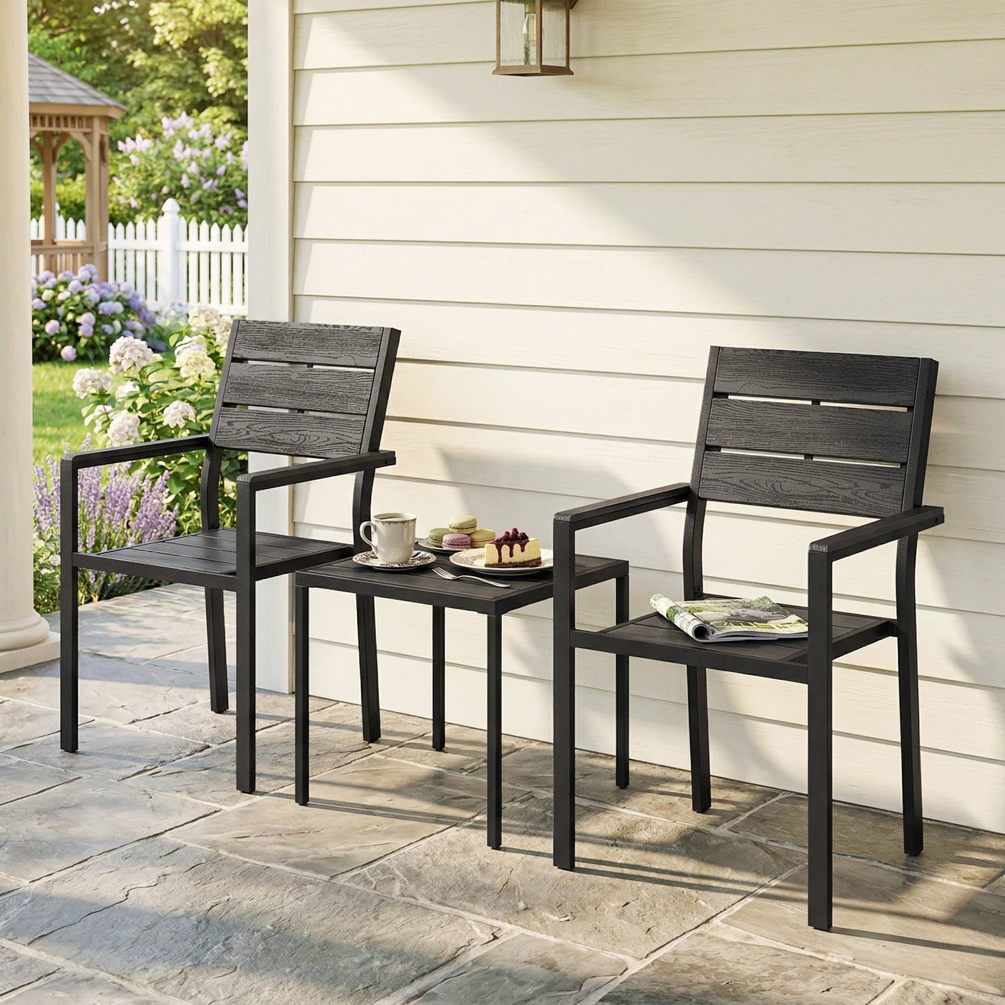 Ensemble de jardin 3 pièces avec 2 chaises et table HDPE design lattes effet bois, patio balcon noir - Image 4