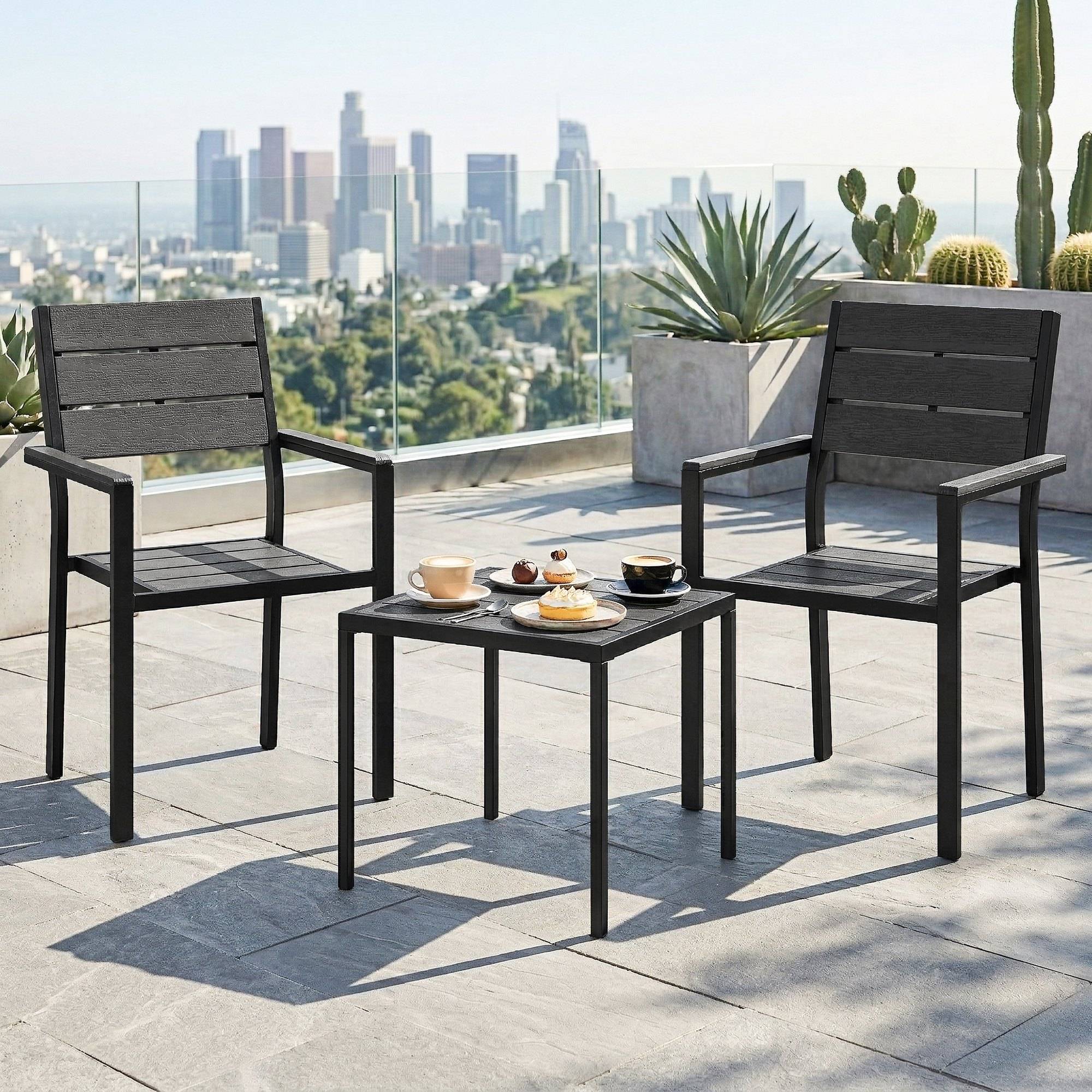 Ensemble de jardin 3 pièces avec 2 chaises et table HDPE design lattes effet bois, patio balcon noir - Image 3