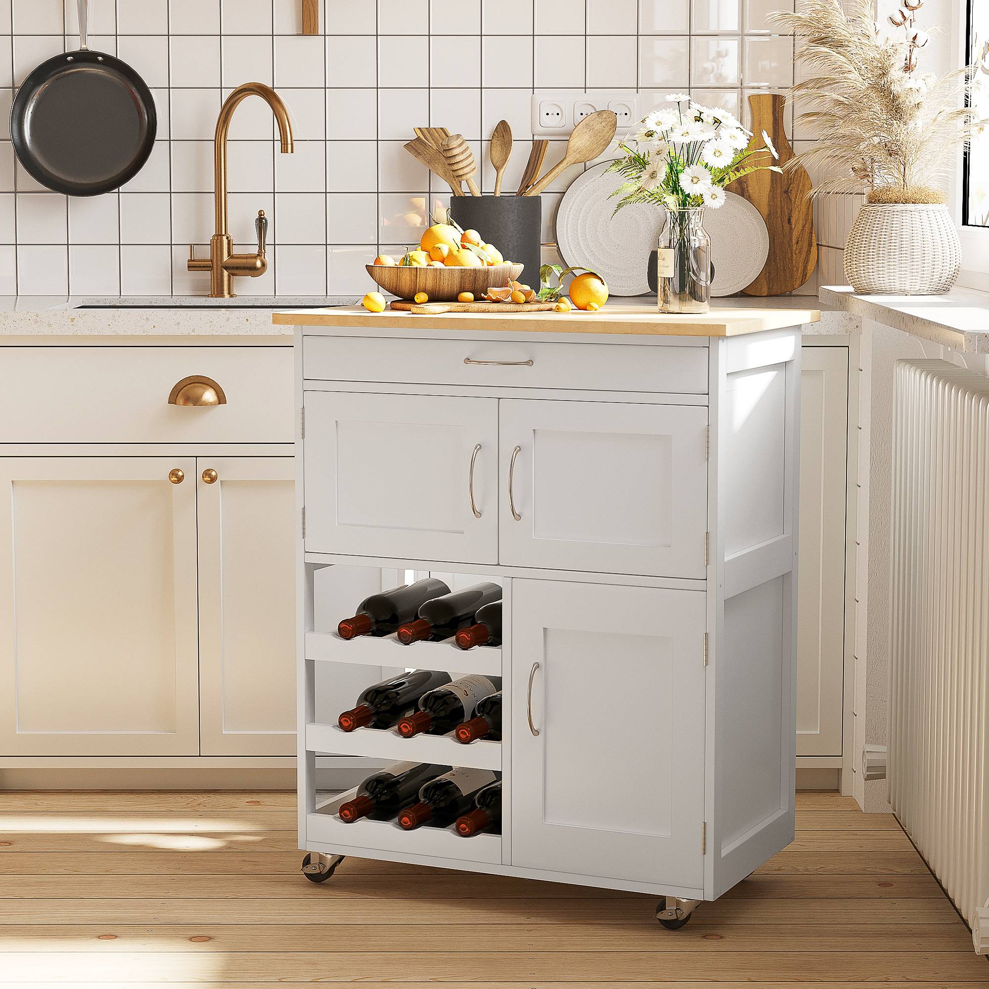 Desserte de cuisine multi rangements 2 placards tiroir casier 9 bouteilles MDF blanc plateau bois caoutchouc - Image 3