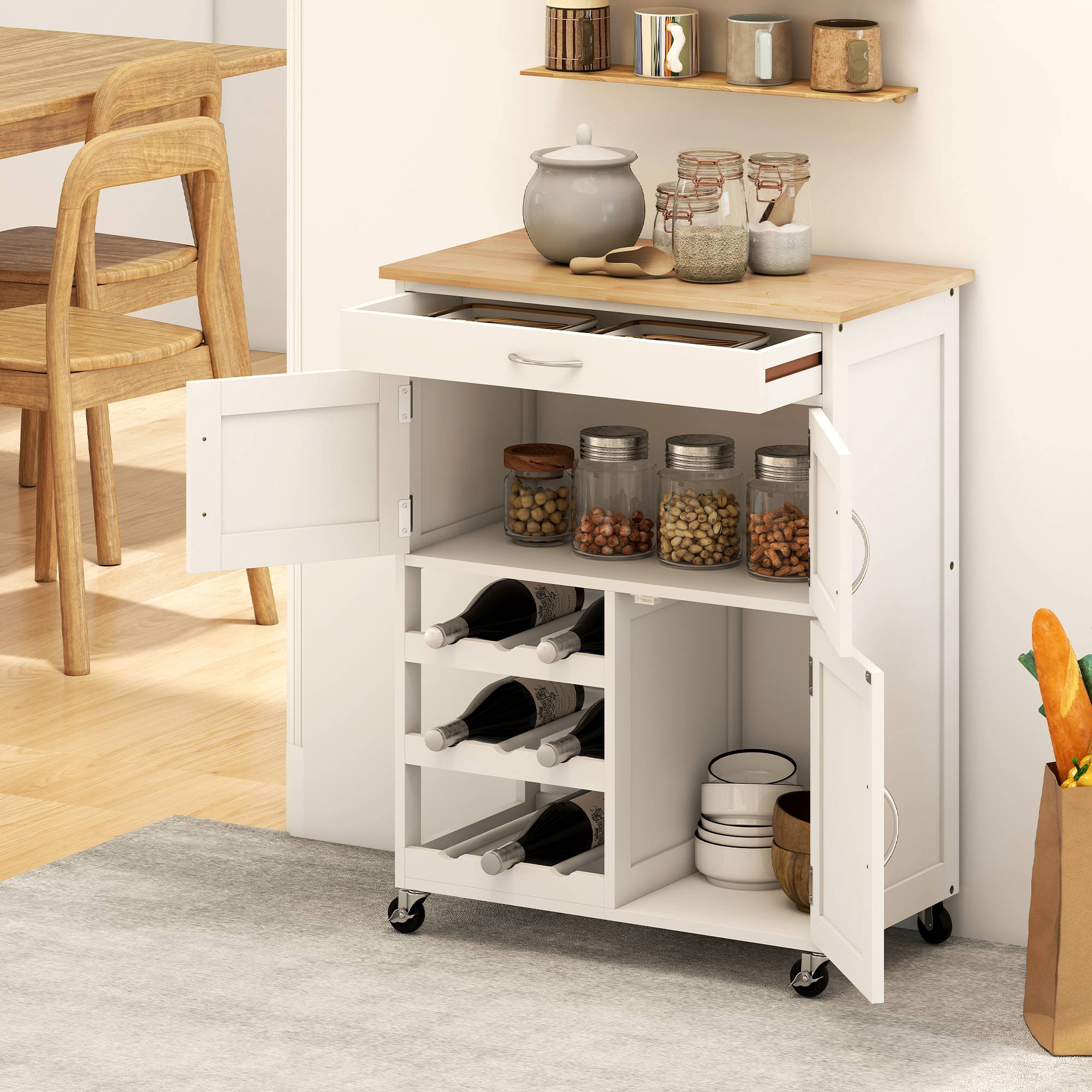 Desserte de cuisine multi rangements 2 placards tiroir casier 9 bouteilles MDF blanc plateau bois caoutchouc - Image 9
